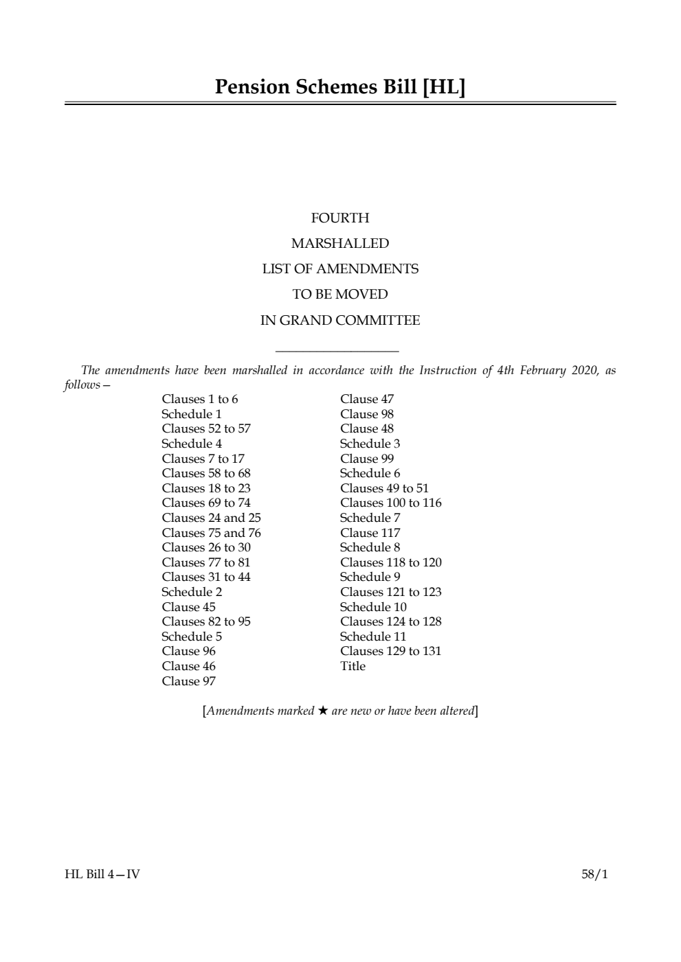Pension Schemes Bill Fourth Marshalled List of Amendments to be moved in Grand Committee