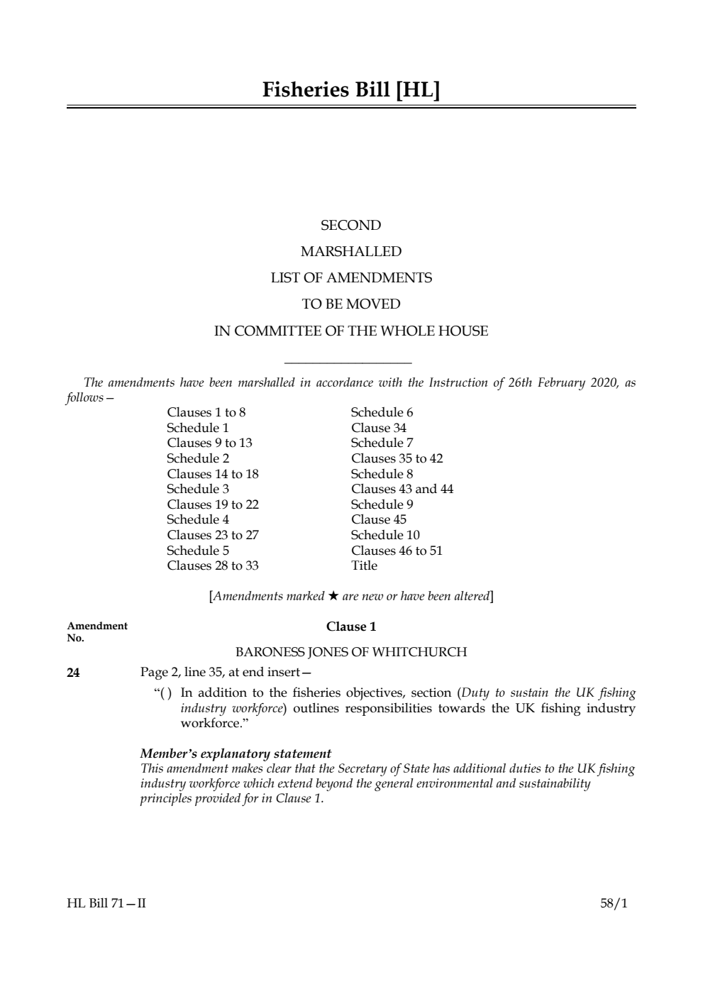 Fisheries Bill Second Marshalled List of Amendments to be moved in Committee of the Whole House