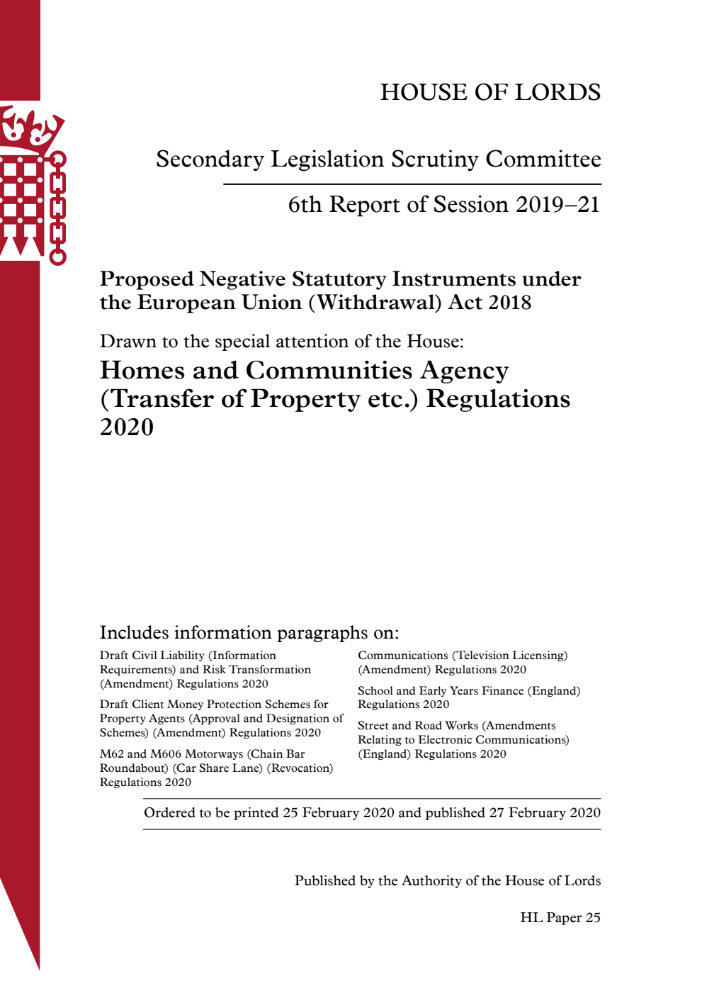 Secondary Legislation Scrutiny Committee 6th Report of Session 2019–21