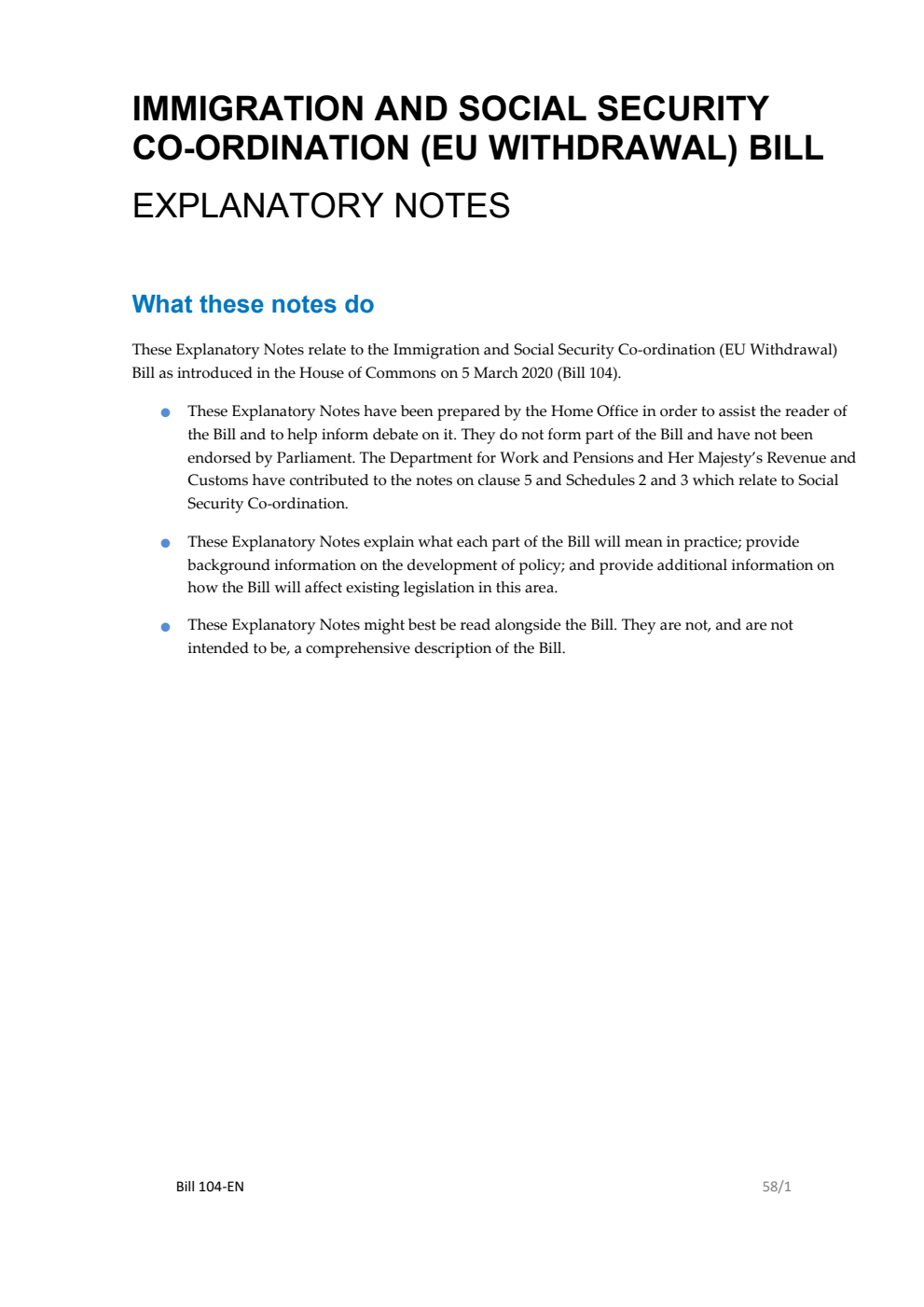 Immigration and Social Security Co-ordination (EU Withdrawal) Bill Explanatory Notes