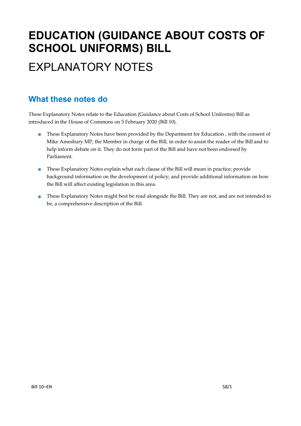 Education (Guidance about Costs of School Uniforms) Bill Explanatory Notes