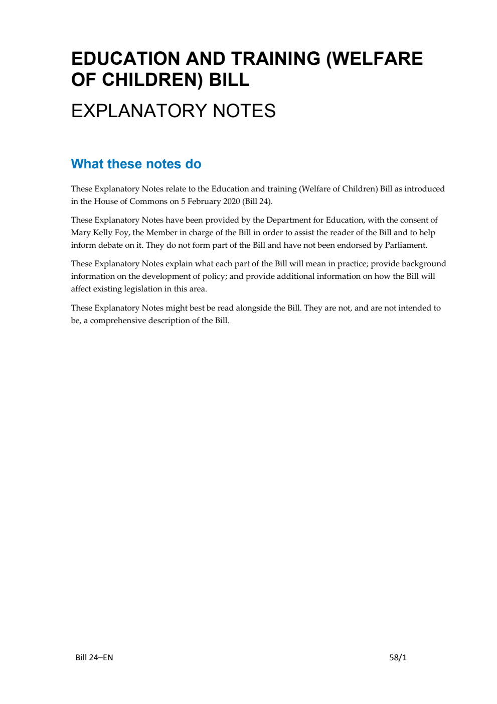 Education and Training (Welfare of Children) Bill Explanatory Notes