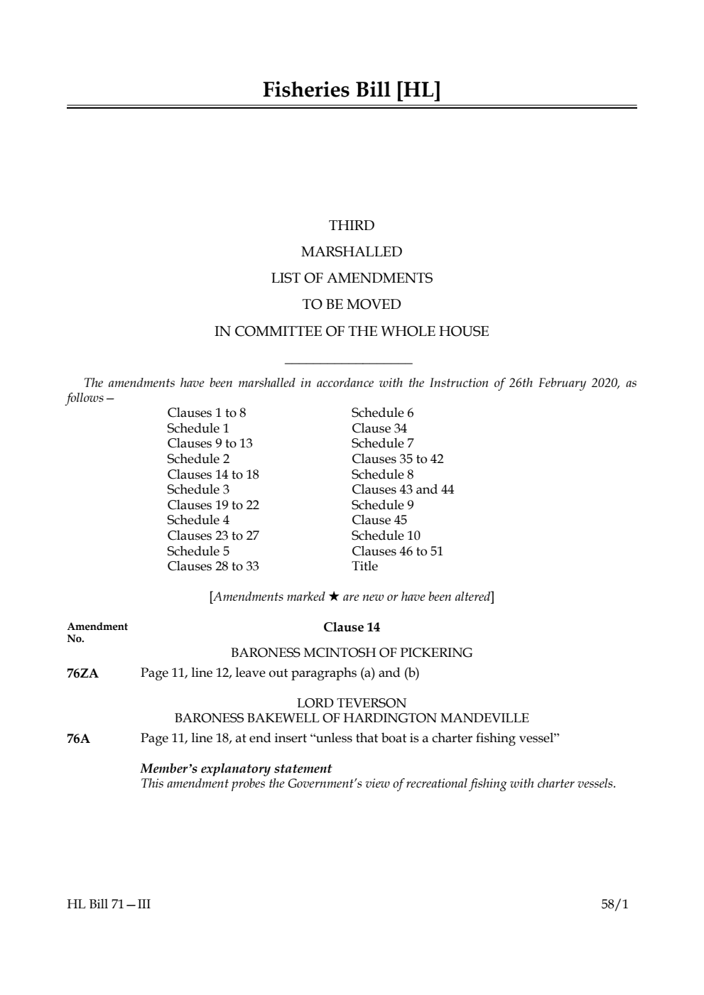 Fisheries Bill Third Marshalled List of Amendments to be moved in Committee of the Whole House