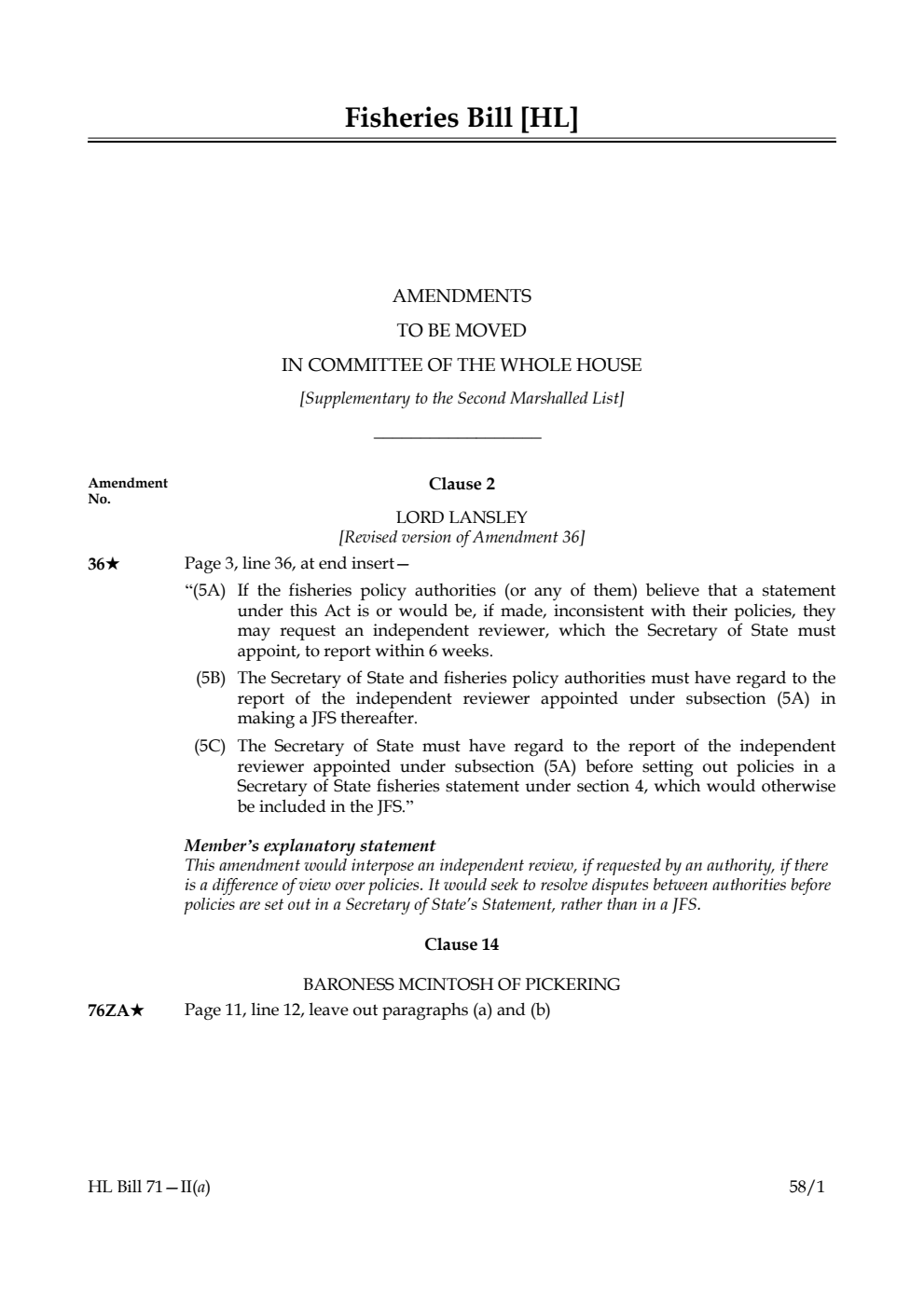 Fisheries Bill Amendments to be moved in Committee of the Whole House [Supplementary to the Second Marshalled List]