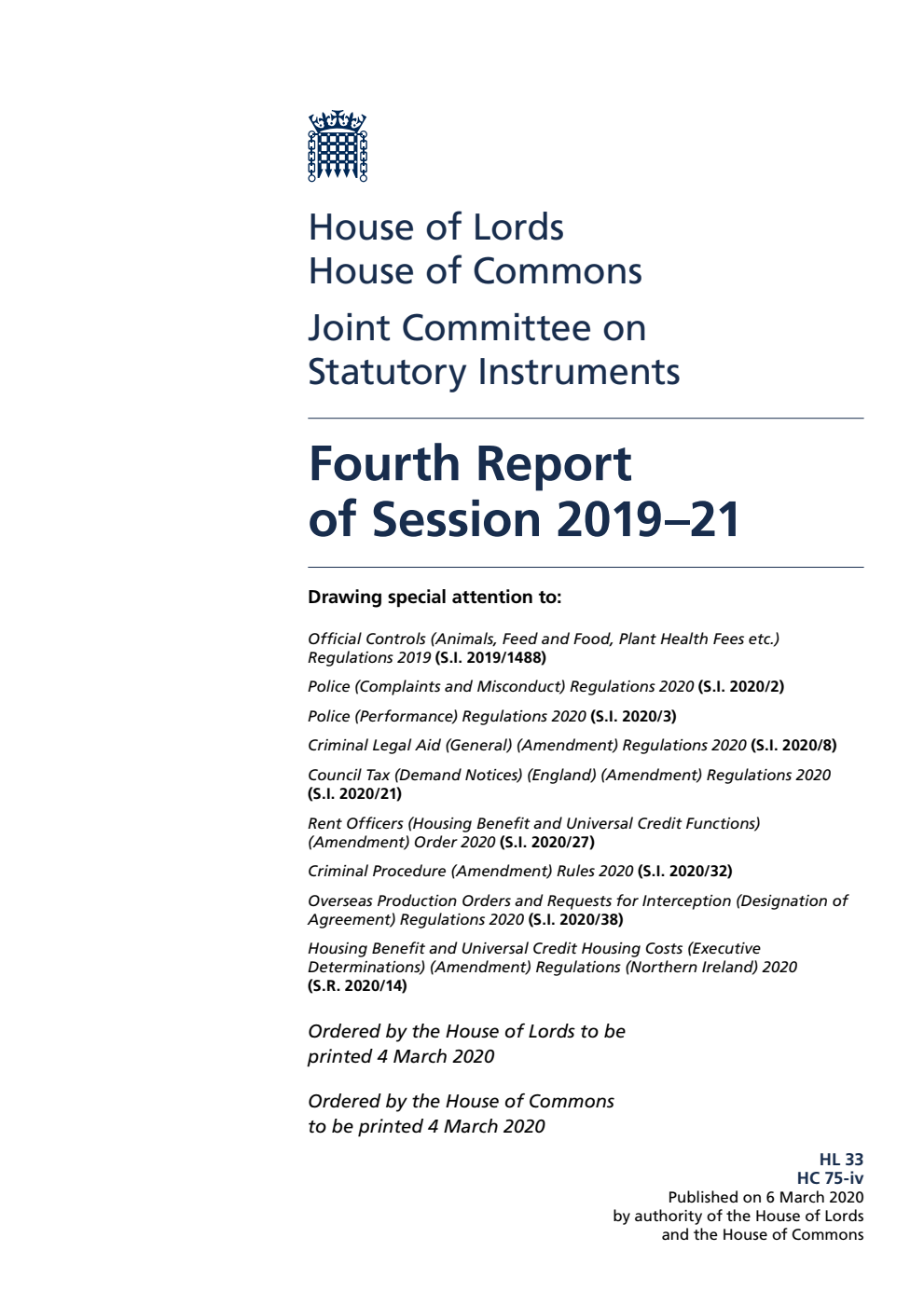 Joint Committee on Statutory Instruments 4th Report of Session 2019-21