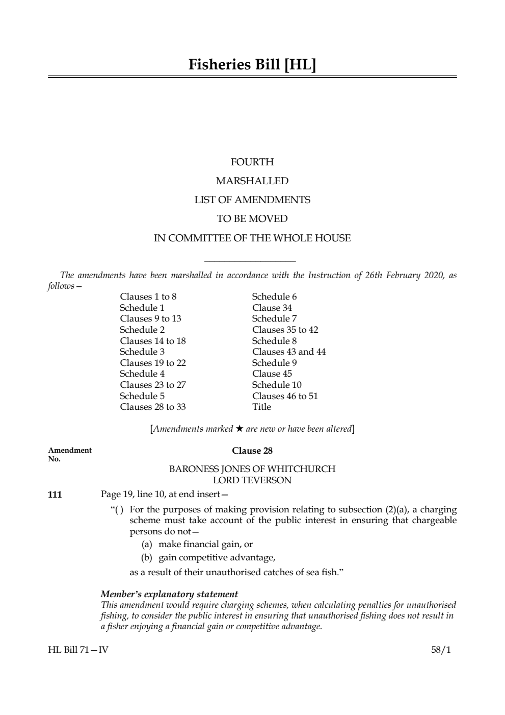 Fisheries Bill Fourth Marshalled List of Amendments to be moved in Committee of the Whole House