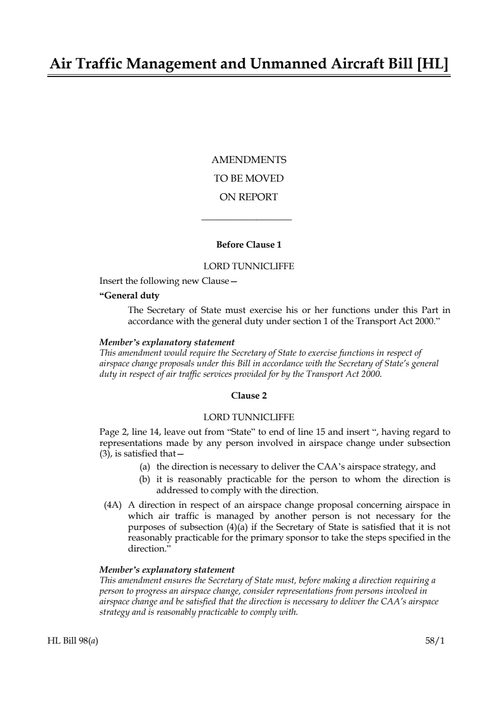 Air Traffic Management and Unmanned Aircraft Bill Amendments to be moved on Report