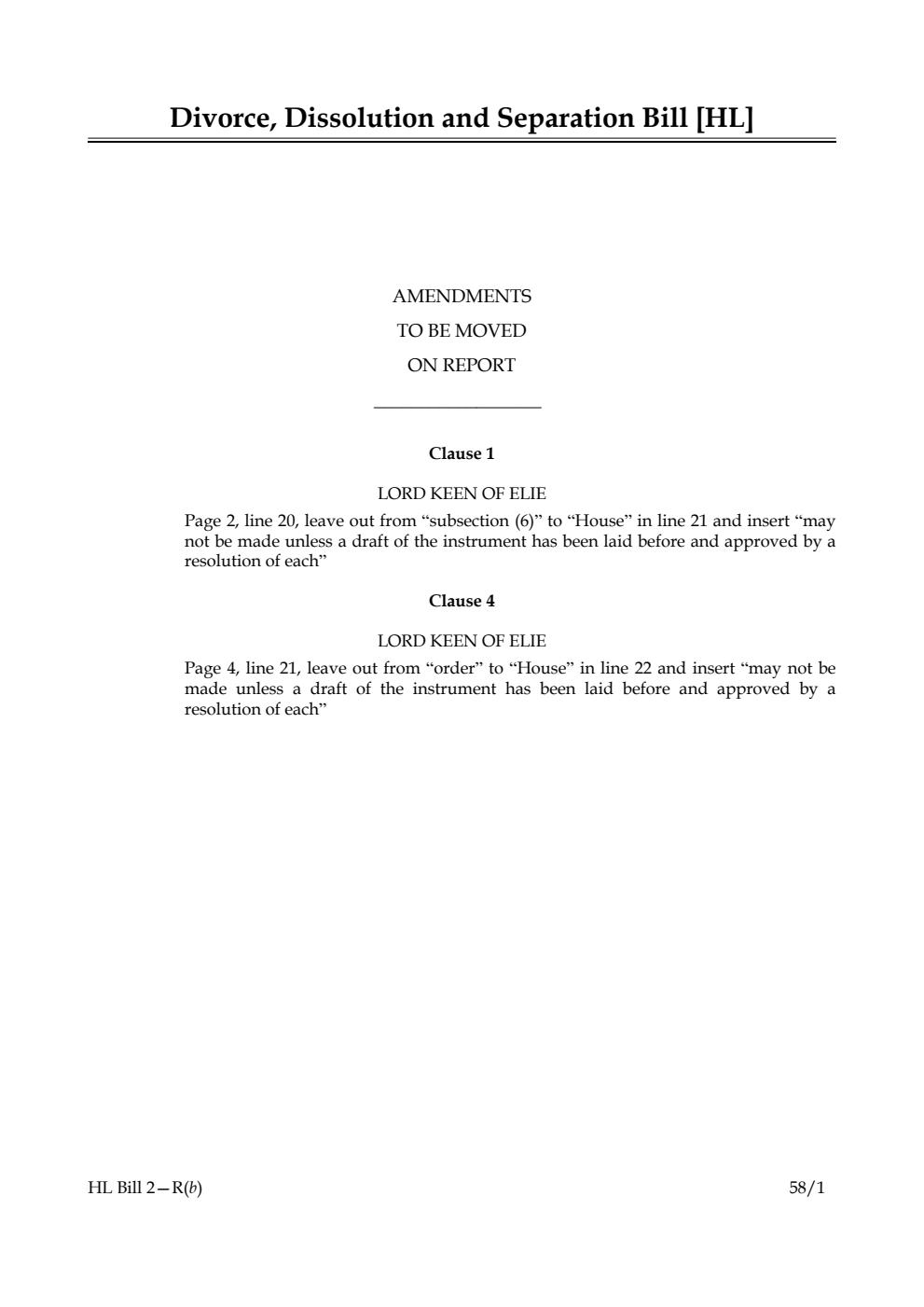 Divorce, Dissolution and Separation Bill Amendments to be moved on Report