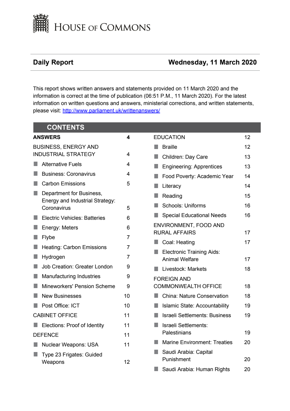 HOC Daily Report Written Answers 11.03.20