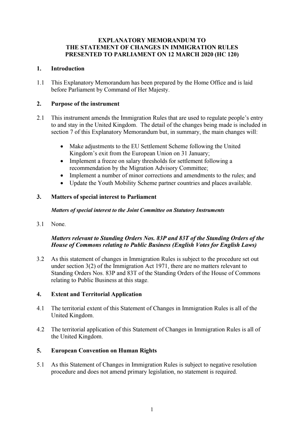 Explanatory Memorandum to the Statement of Changes in Immigration Rules