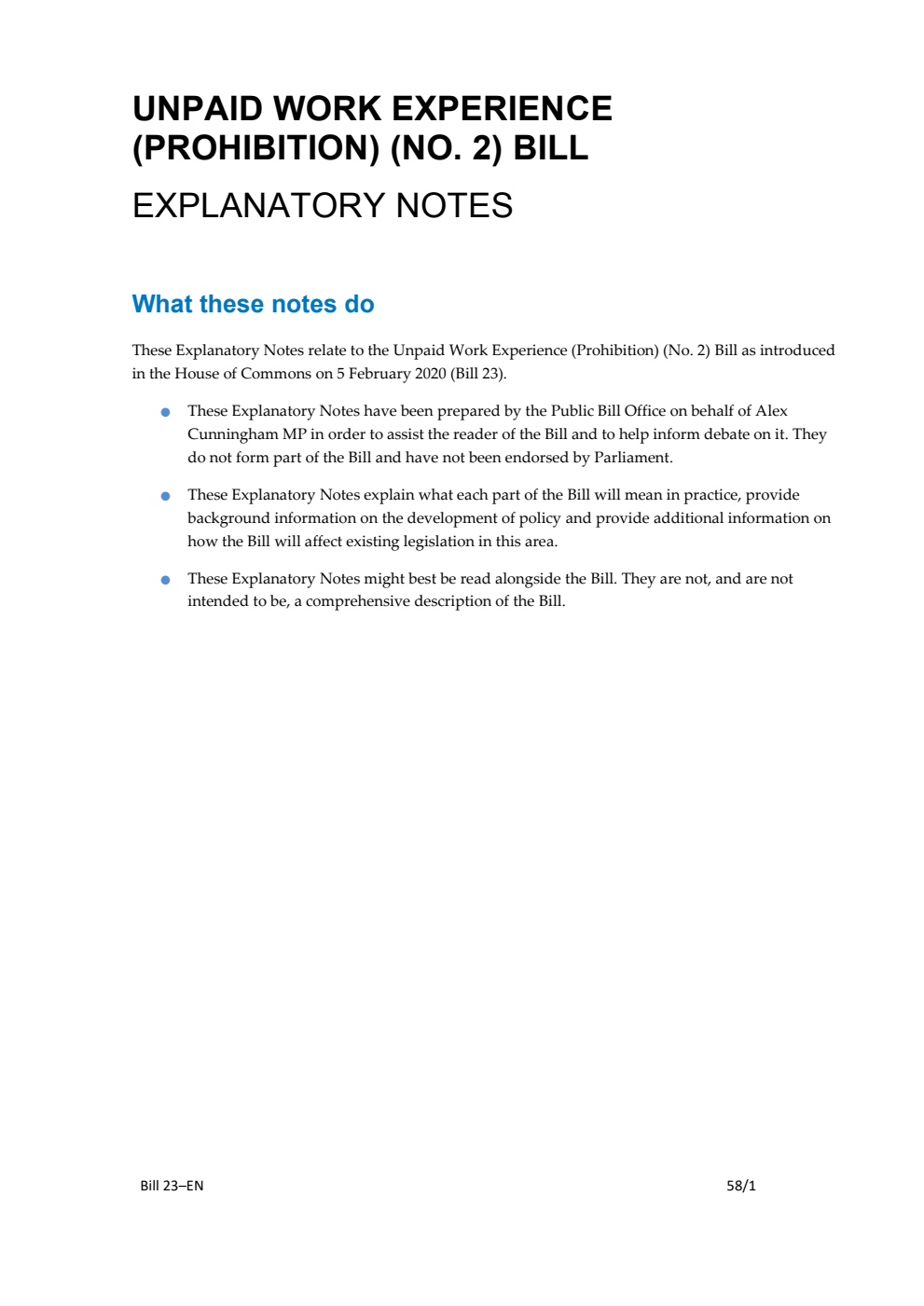Unpaid Work Experience (Prohibition) (No. 2) Bill Explanatory Notes