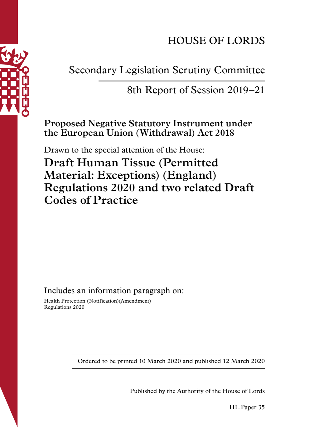 Secondary Legislation Scrutiny Committee 8th Report of Session 2019–21