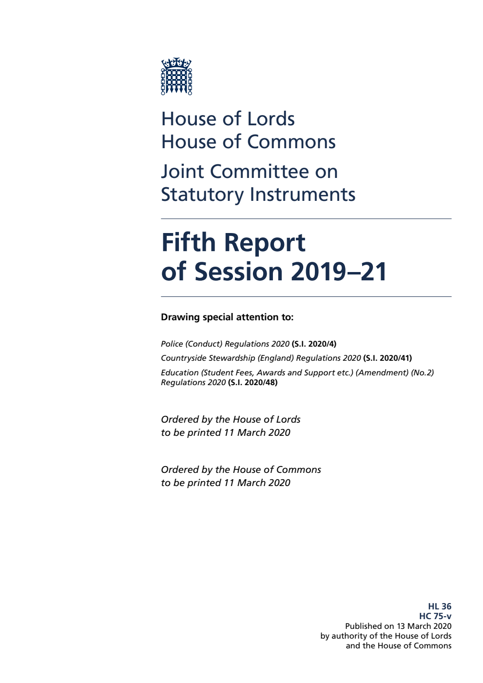 Joint Committee on Statutory Instruments 5th Report of Session 2019-21