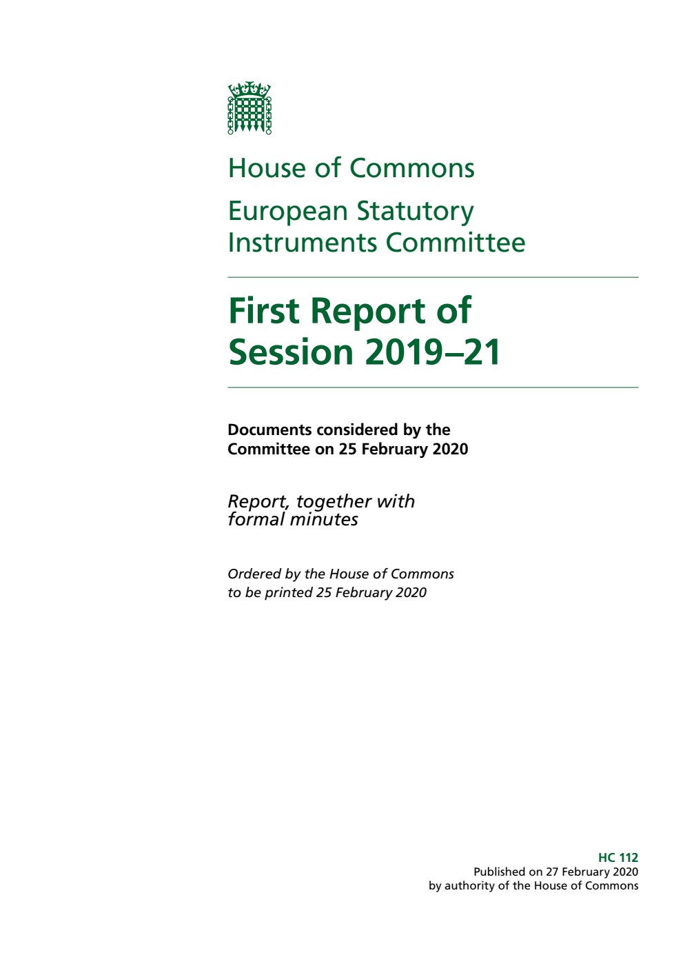 European Statutory Instruments Committee 1st Report of Session 2019-2021