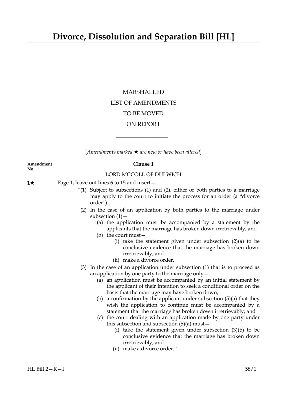Divorce, Dissolution and Separation Bill Marshalled List of amendments to be moved on report