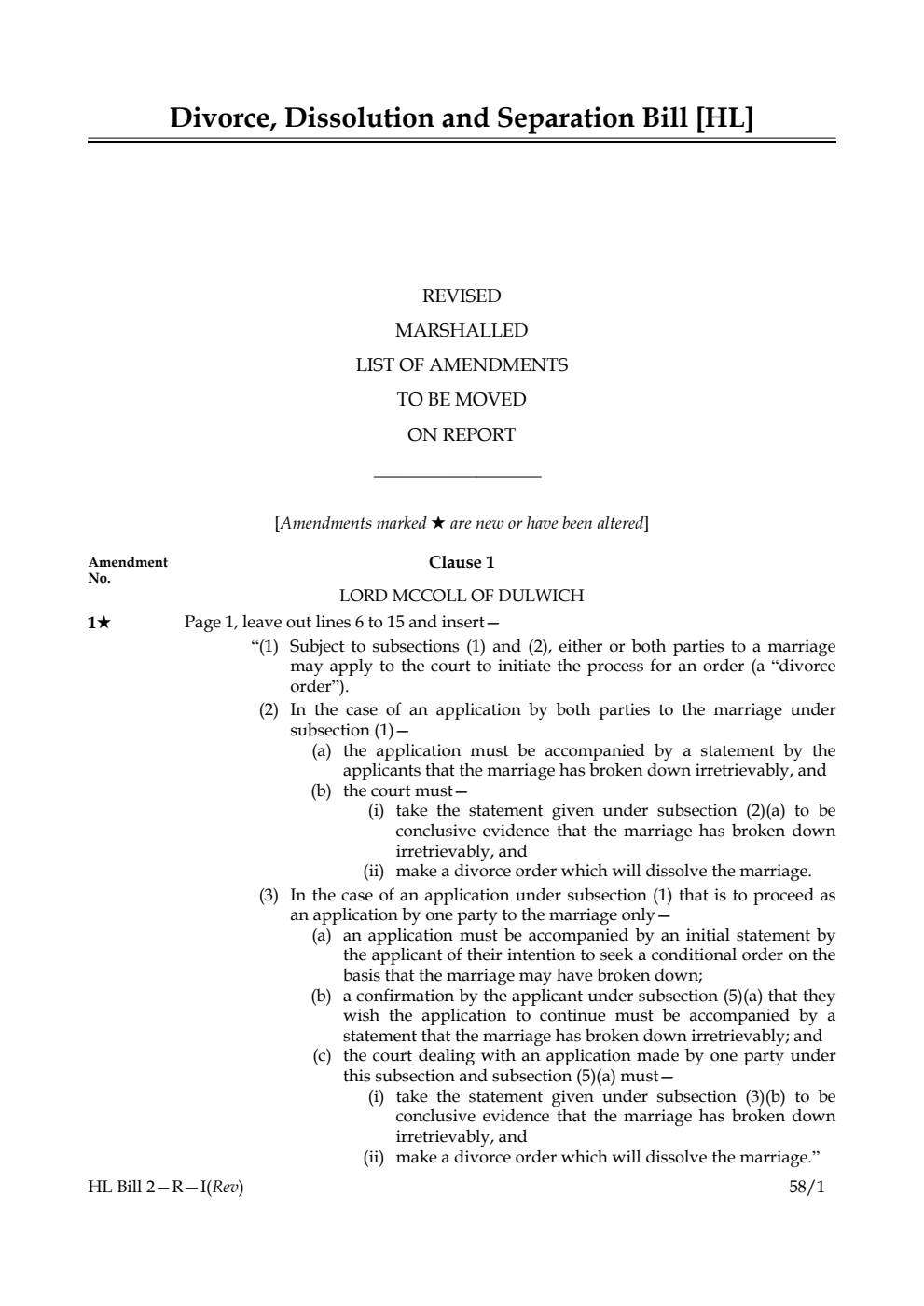 Divorce, Dissolution and Separation Bill Revised Marshalled List of amendments to be moved on report