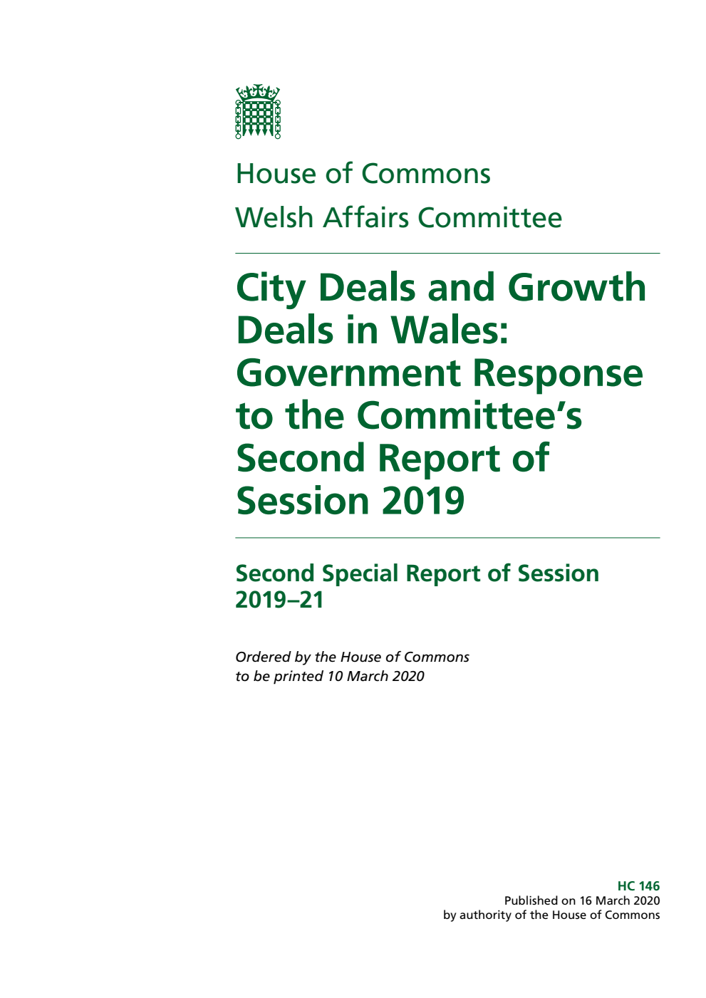 Welsh Affairs Committee 2nd Special Report. City Deals and Growth Deals in Wales: Government Response to the Committee’s Second Report of Session 2019