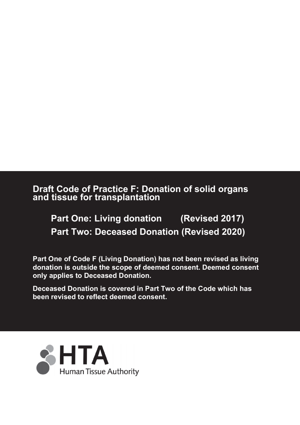 Draft Code of Practice F: Donation of solid organs and tissue for transplantation. Part One: Living donation (Revised 2017), Part Two: Deceased Donation (Revised 2020)