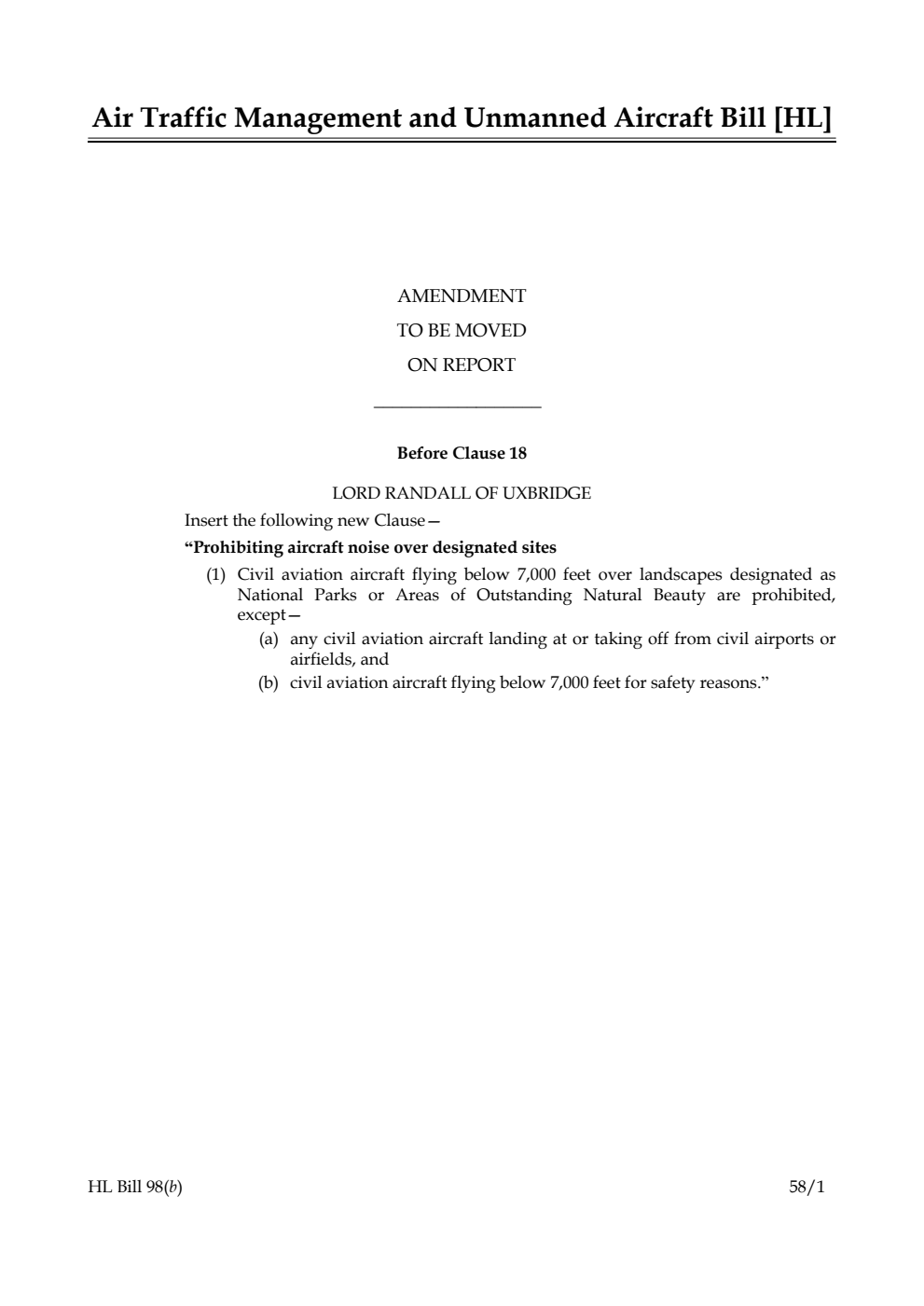 Air Traffic Management and Unmanned Aircraft Bill Amendment to be moved on Report