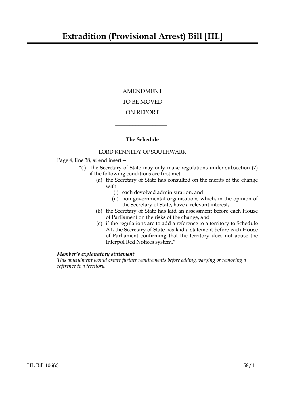 Extradition (Provisional Arrest) Bill Amendment to be moved on report