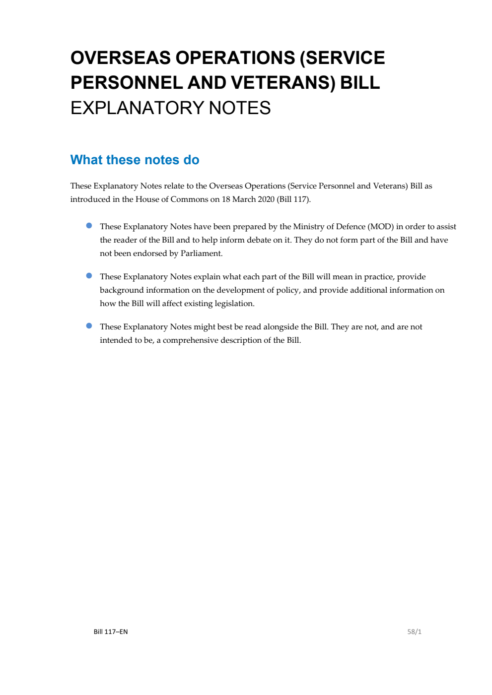 Overseas Operations (Service Personnel and Veterans) Bill Explanatory Notes