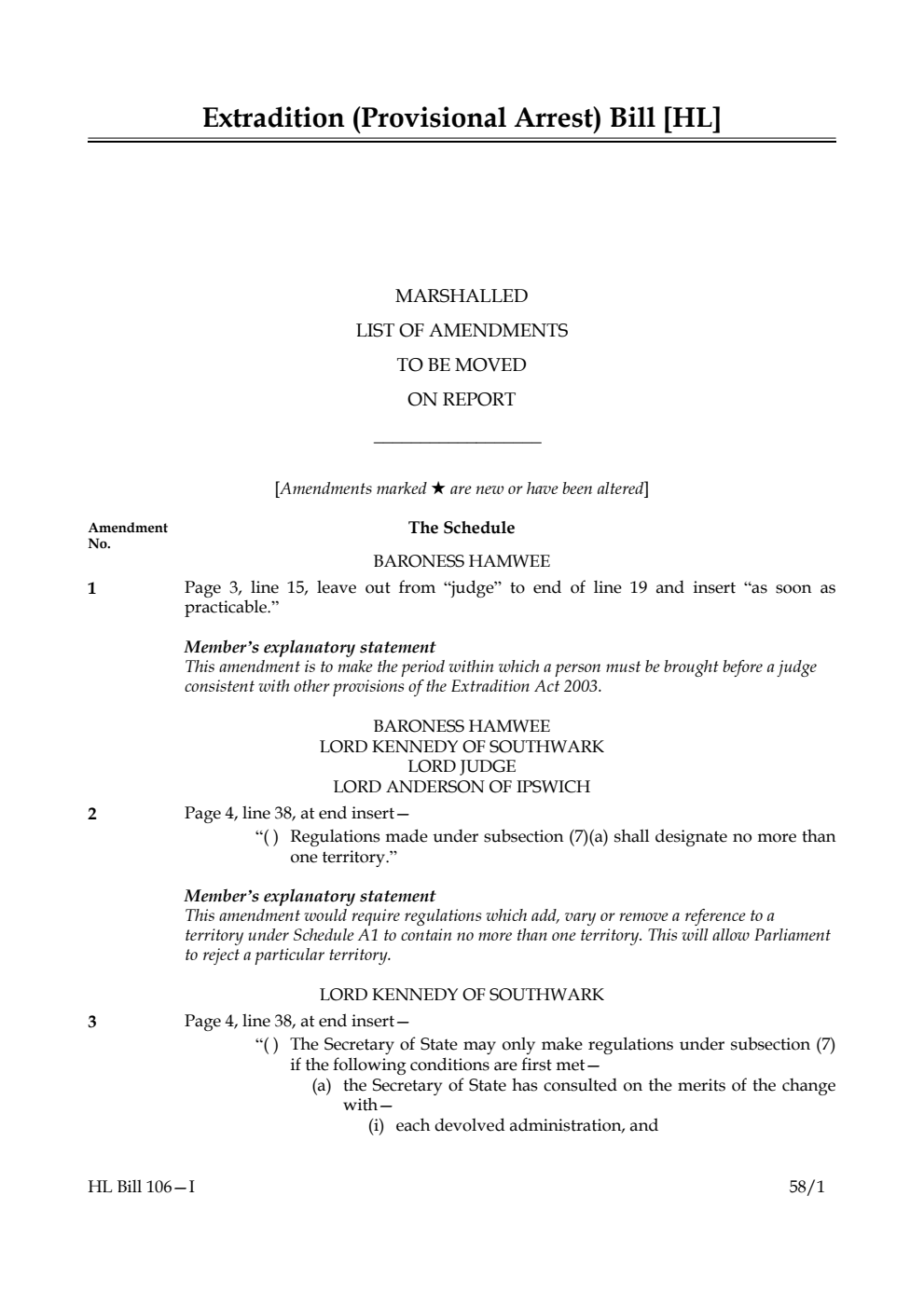 Extradition (Provisional Arrest) Bill Marshalled List of amendments to be moved on report