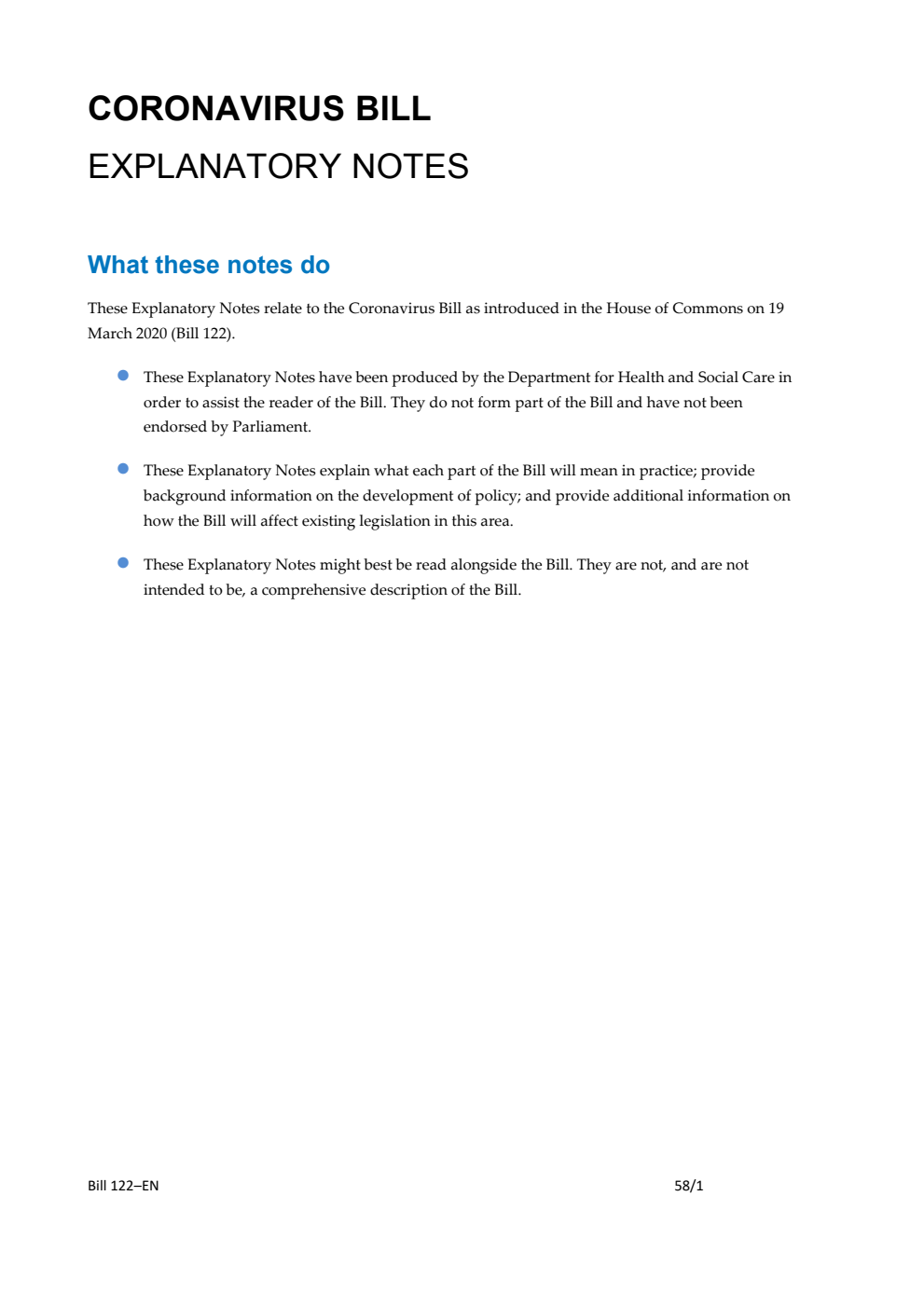 Coronavirus Bill Explanatory Notes