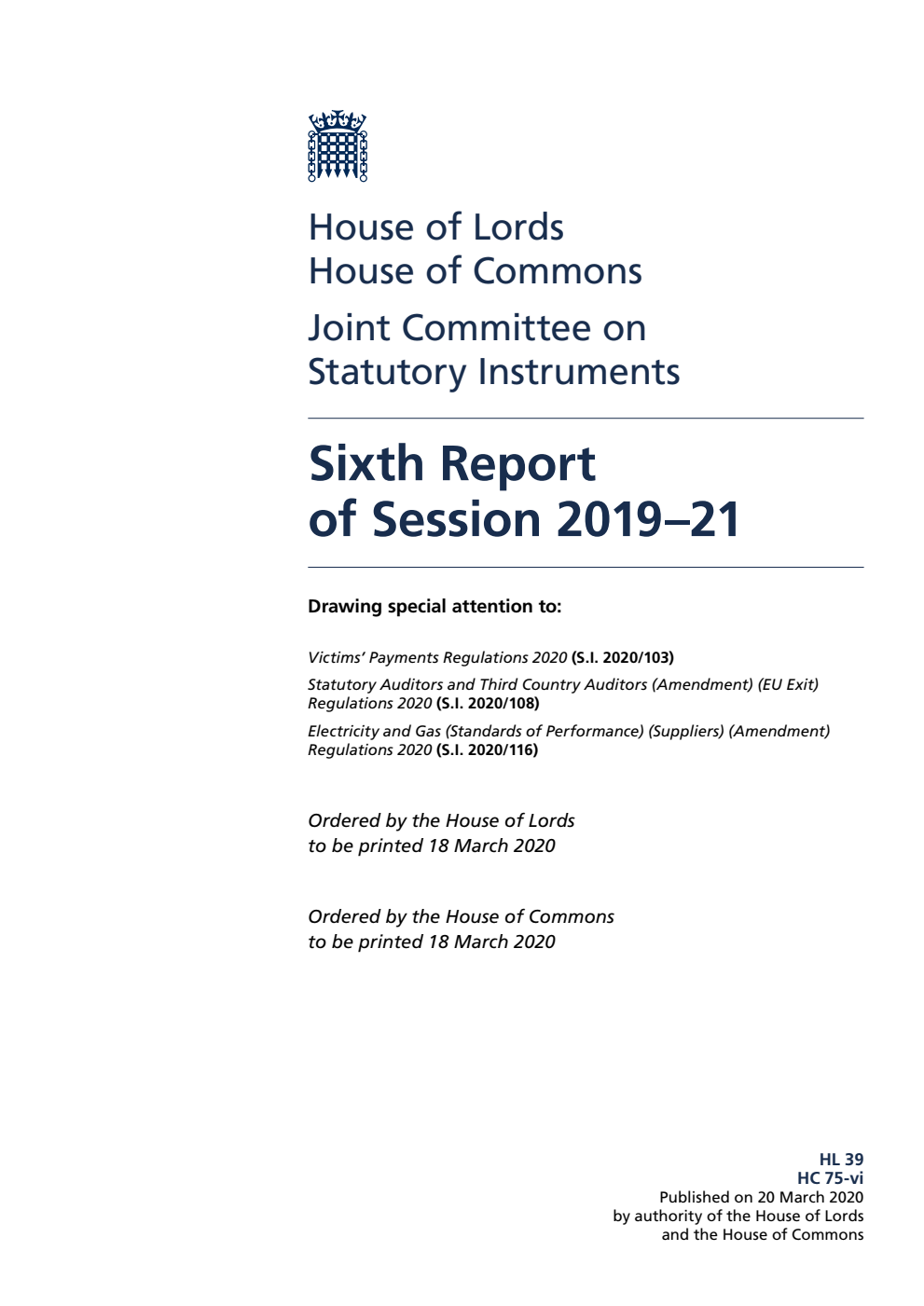 Joint Committee on Statutory Instruments 6th Report of Session 2019-21