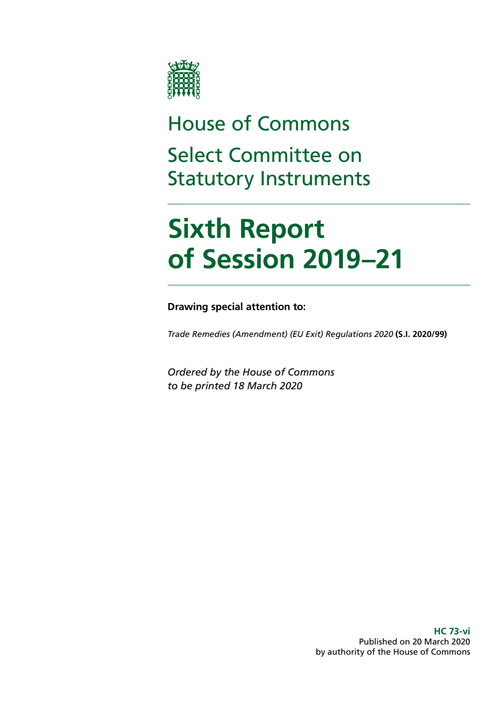 Statutory Instruments Committee 6th Report of Session 2019–21