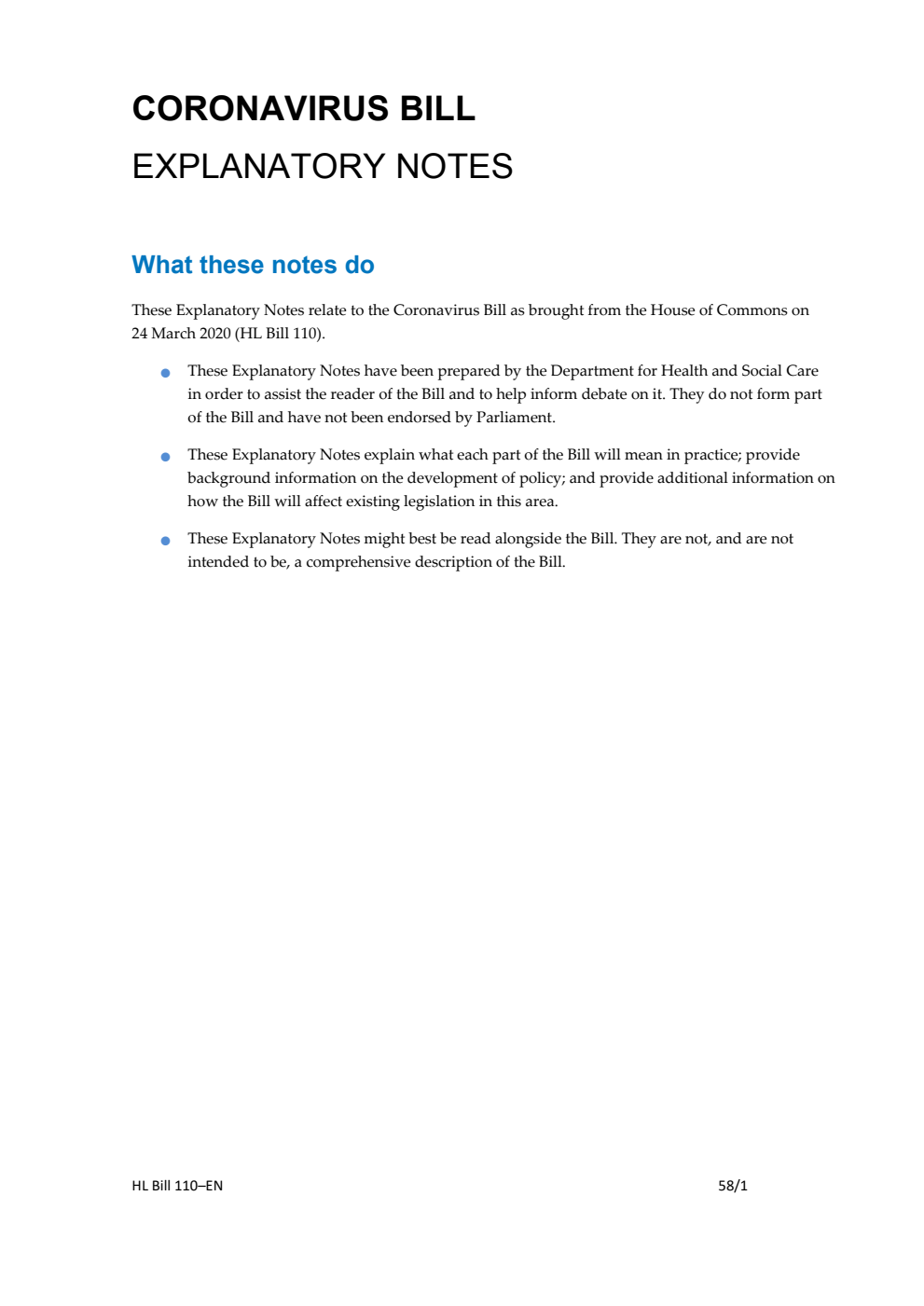 Coronavirus Bill Explanatory Notes