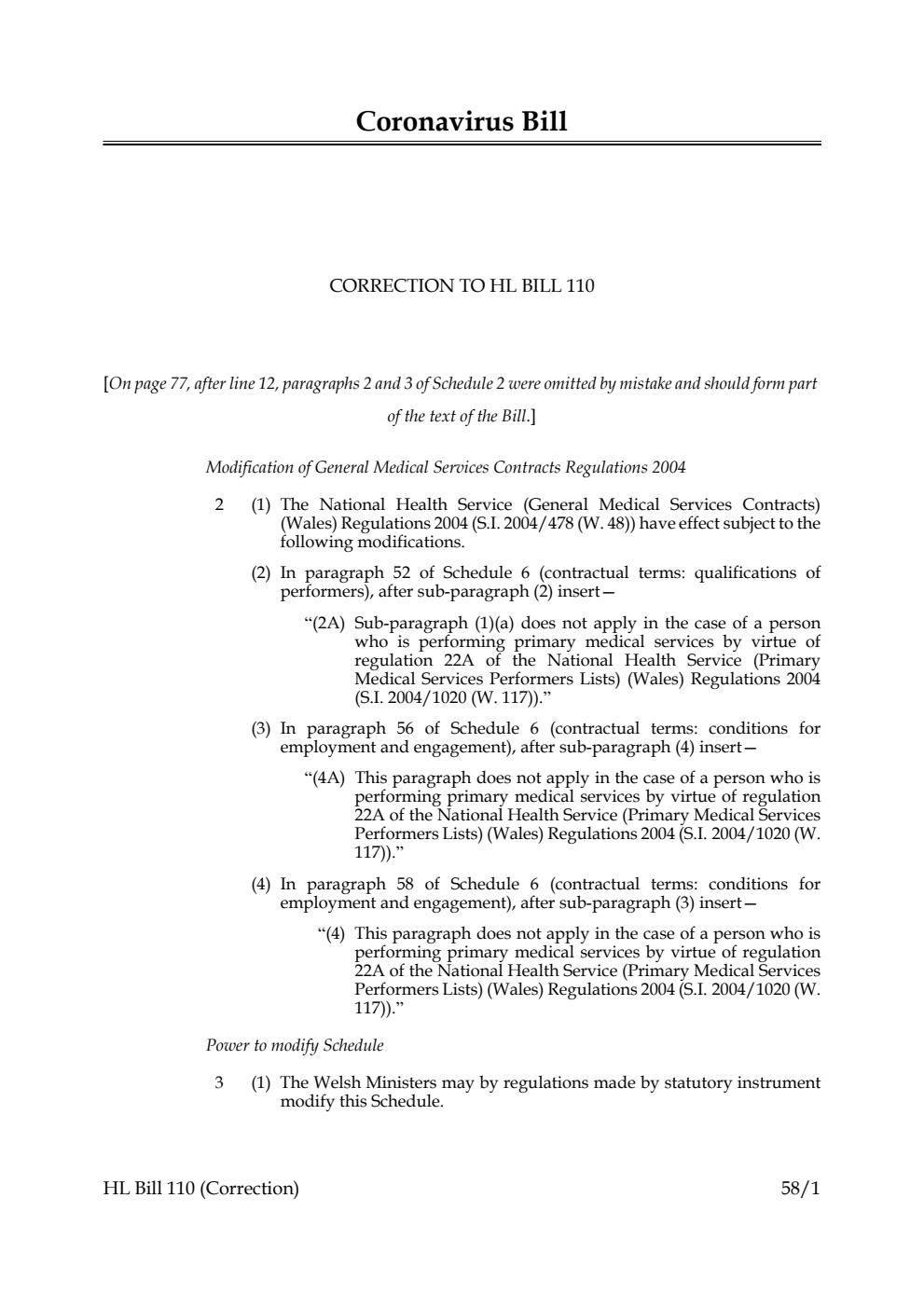 Coronavirus Bill. Correction Slip, March 2020