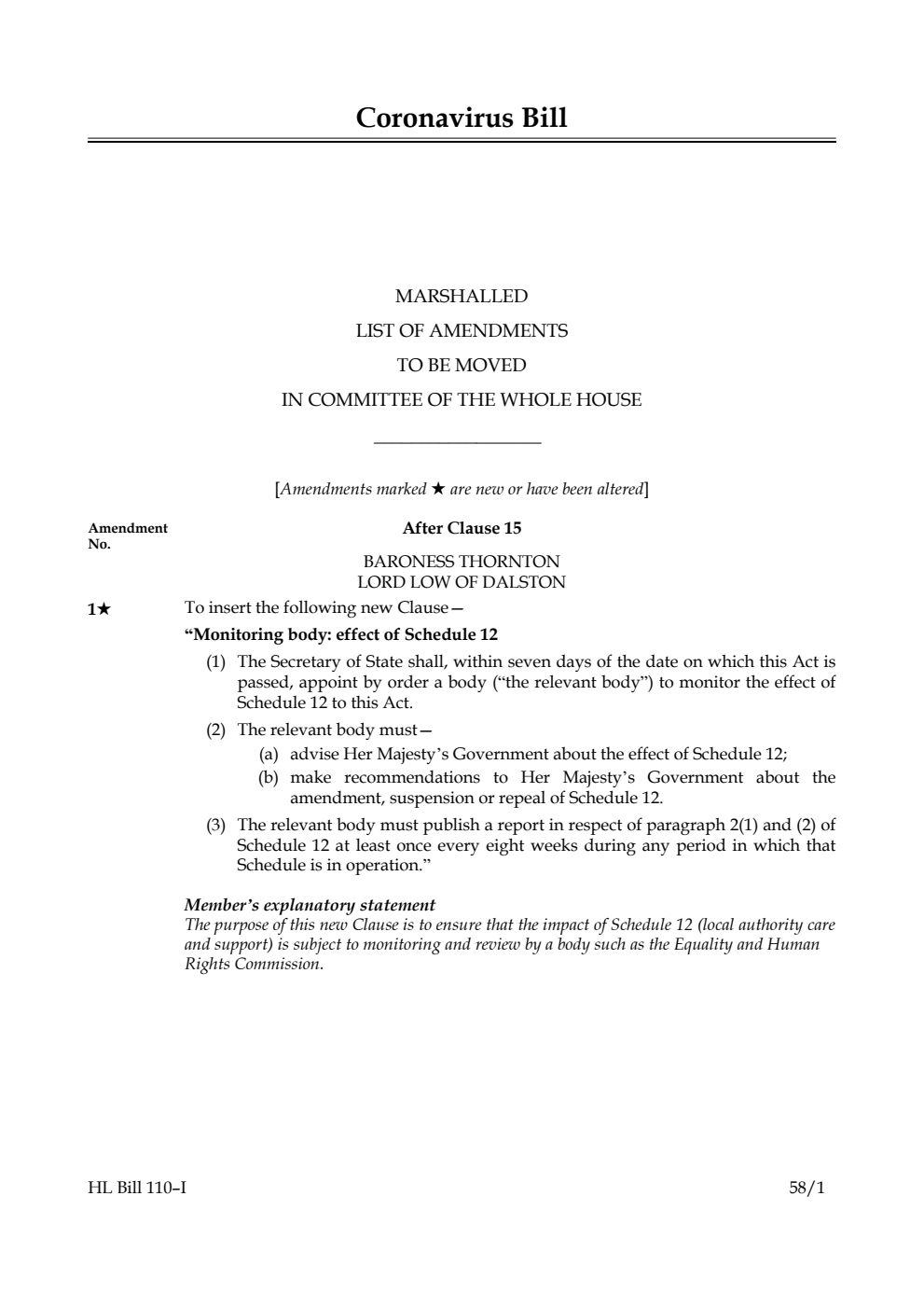 Coronavirus Bill Marshalled List of Amendments to be moved in Committee of the Whole House