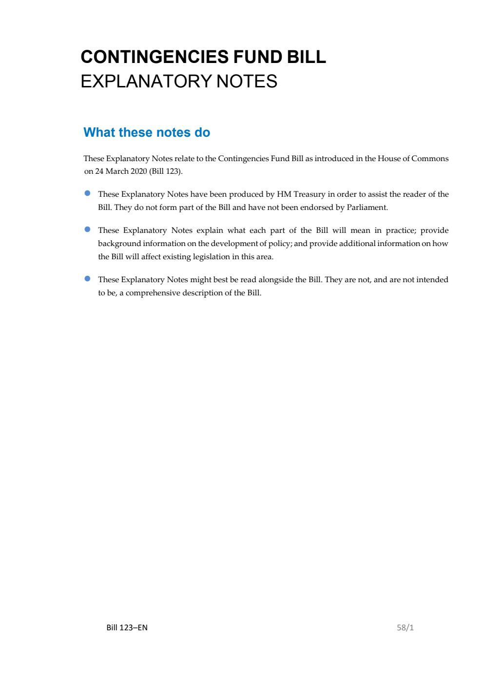 Contingencies Fund Bill Explanatory Notes