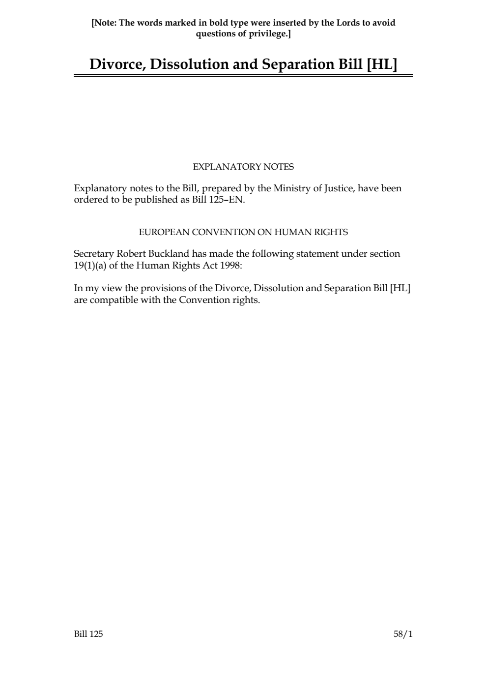 Divorce, Dissolution and Separation Bill