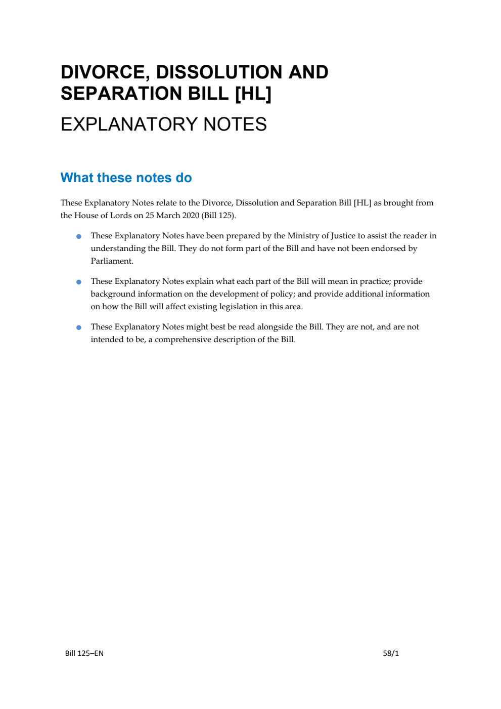 Divorce, Dissolution and Separation Bill Explanatory Notes