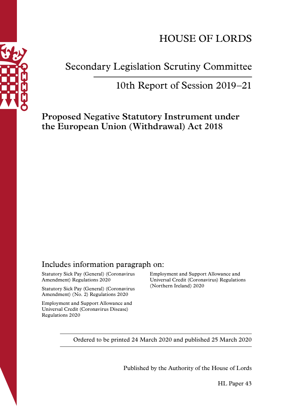 Secondary Legislation Scrutiny Committee 10th Report of Session 2019–21
