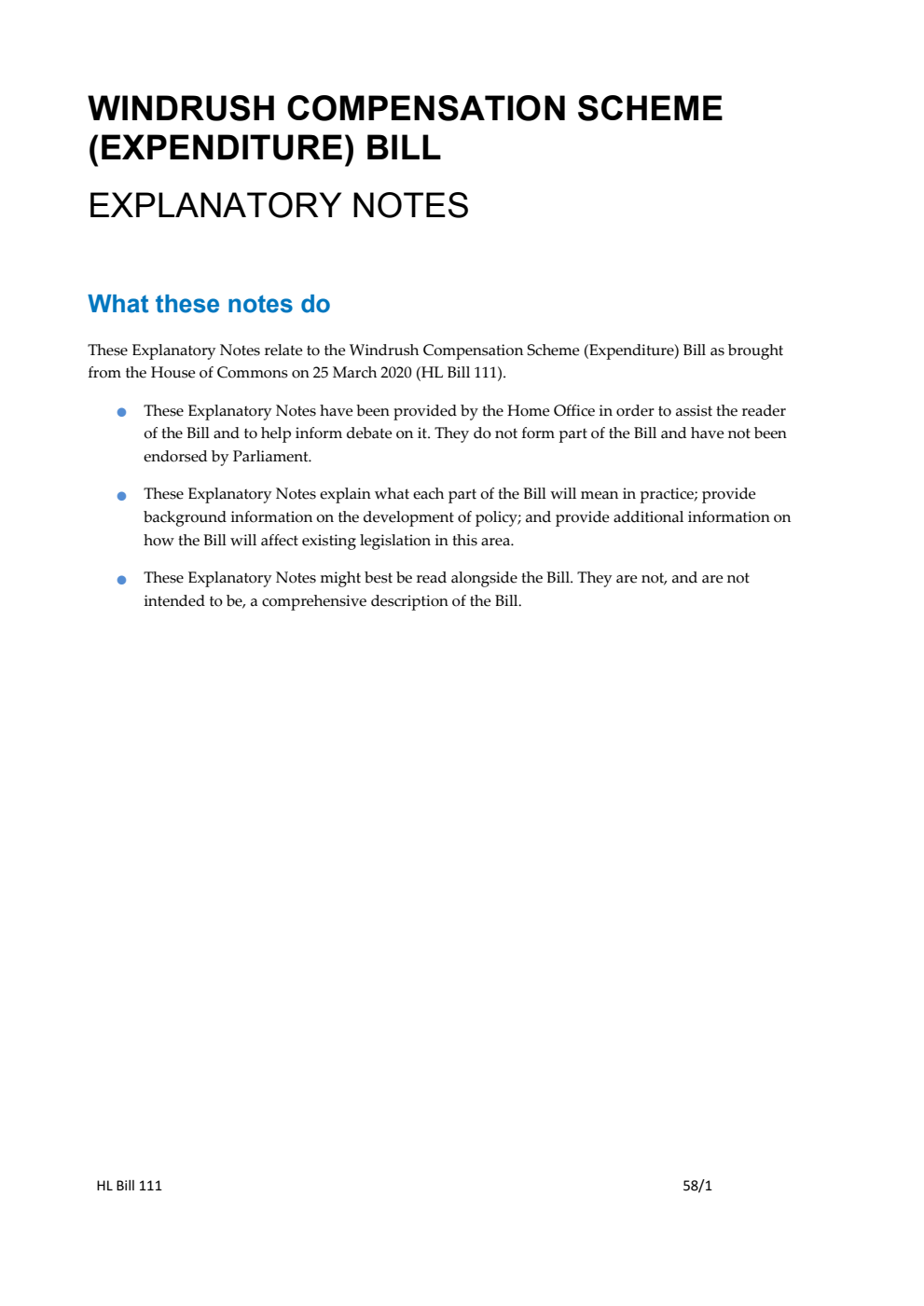 Windrush Compensation Scheme (Expenditure) Bill Explanatory Notes