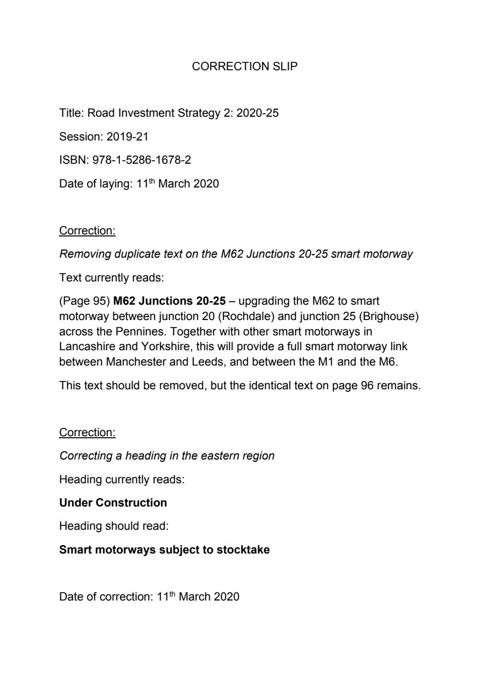 Road Investment Strategy 2: 2020–2025. Correction Slip, March 2020
