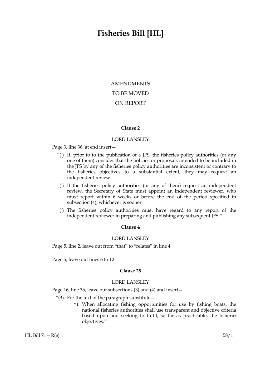 Fisheries Bill Amendments to be moved on Report