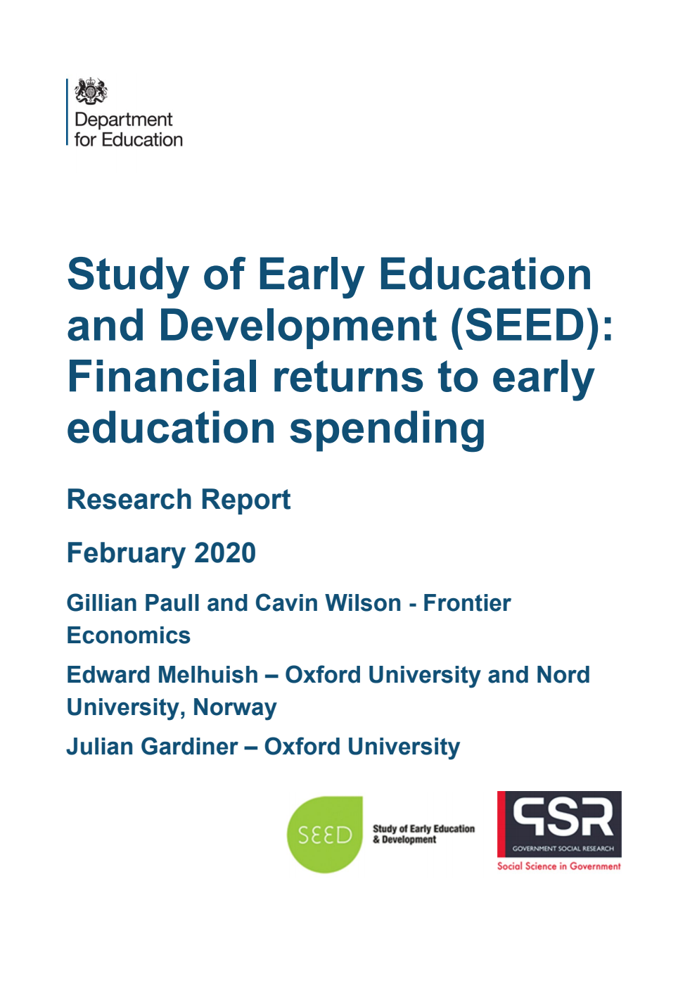 DFE-RR954 Study of Early Education and Development (SEED): Financial returns to early education spending