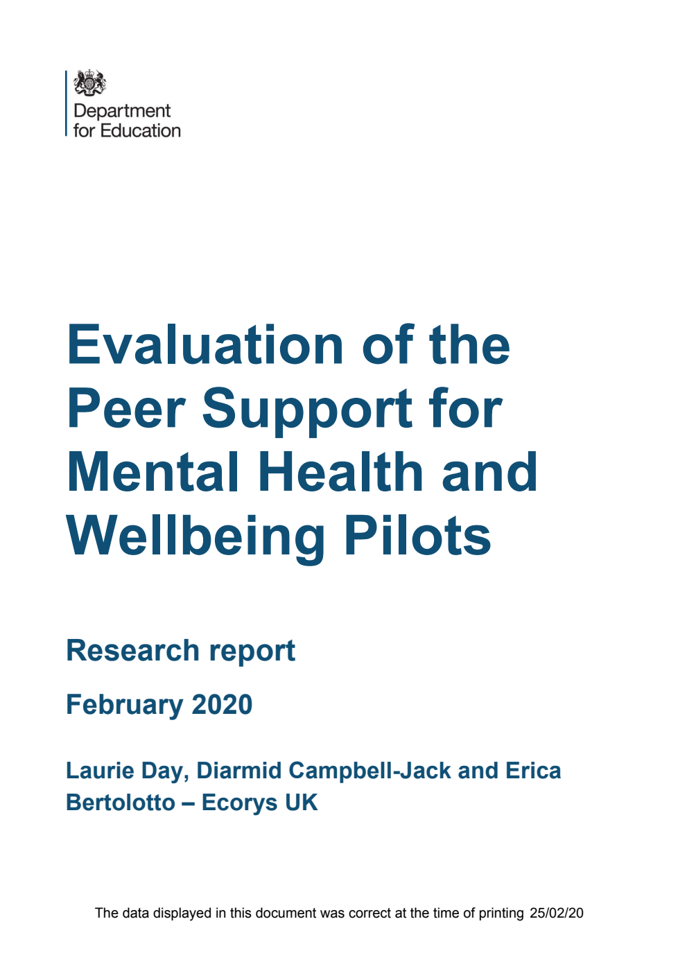 DFE-RR968 Evaluation of the Peer Support for Mental Health and Wellbeing Pilots