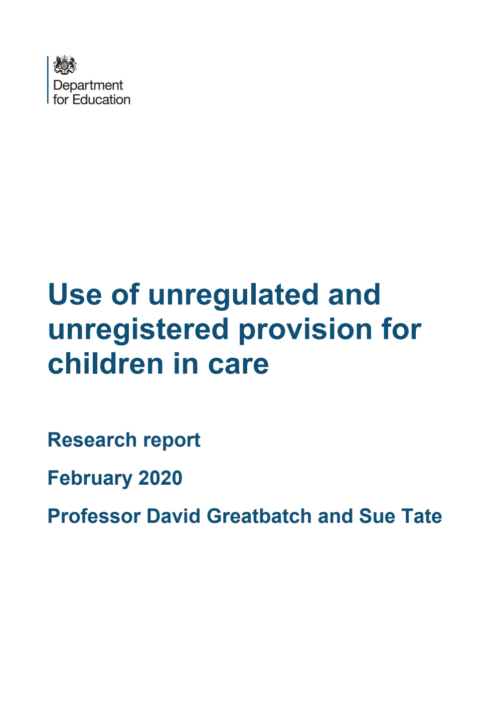 DFE-RR976 Use of unregulated and unregistered provision for children in care