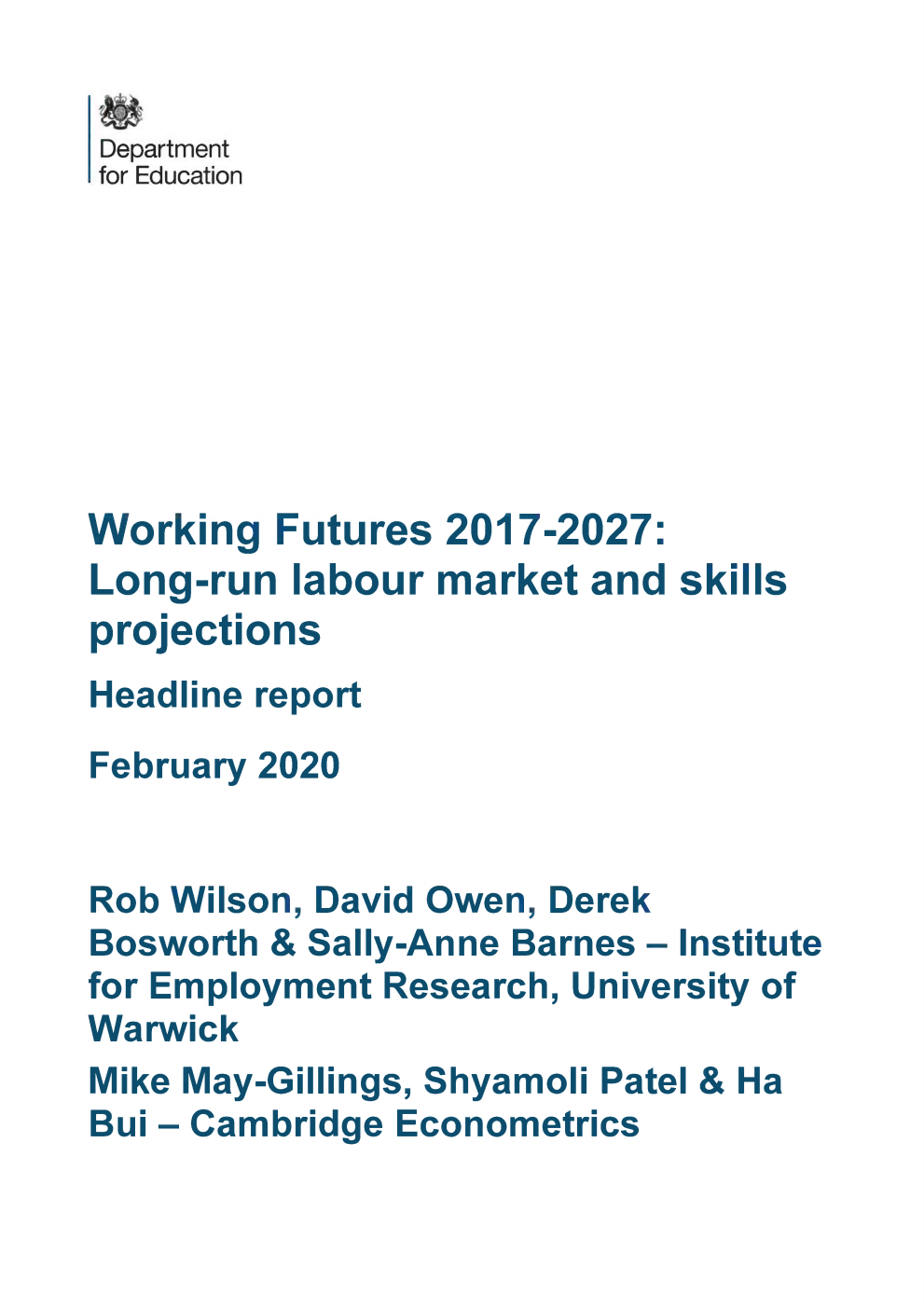 DFE-RR970 Working Futures 2017-2027: Long-run labour market and skills projections. Headline report
