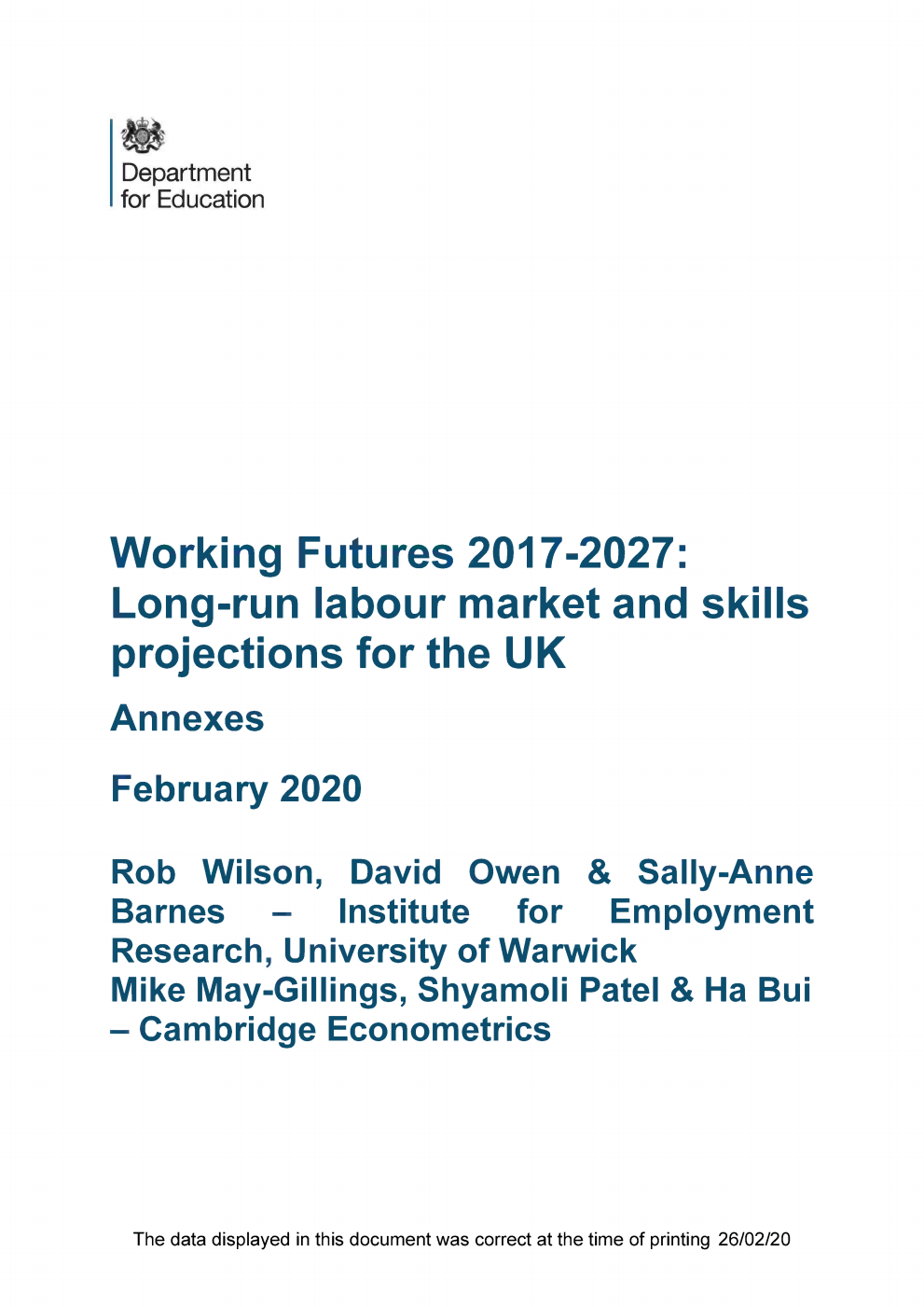 DFE-RR970 Working Futures 2017-2027: Long-run labour market and skills projections for the UK. Annexes