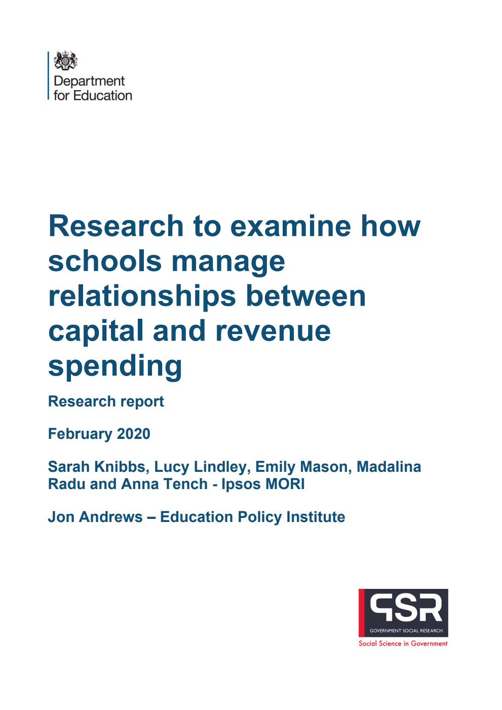 DFE-RR925 Research to examine how schools manage relationships between capital and revenue spending