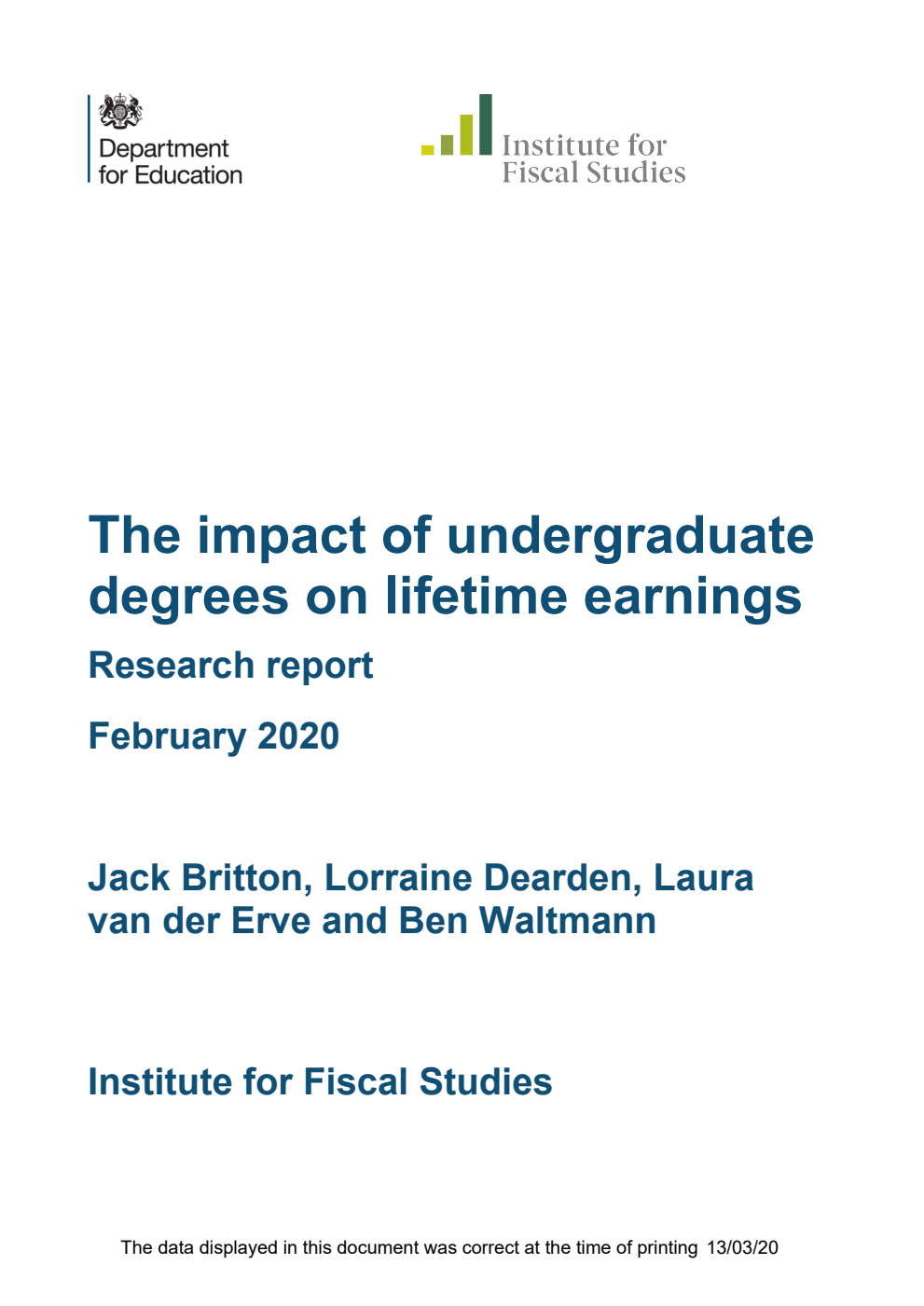 DFE-RR974 The impact of undergraduate degrees on lifetime earnings