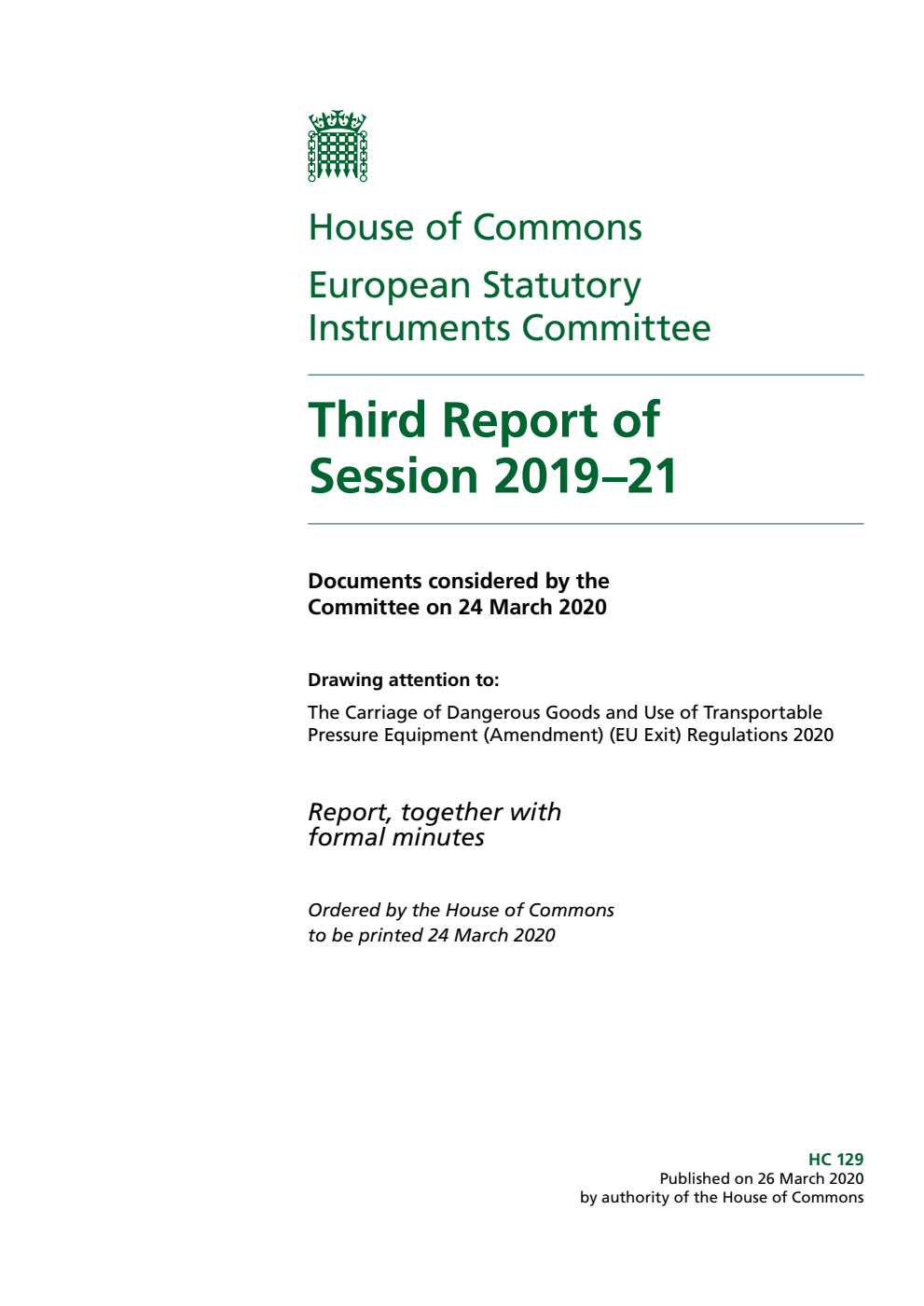 European Statutory Instruments Committee 3rd Report of Session 2019-2021