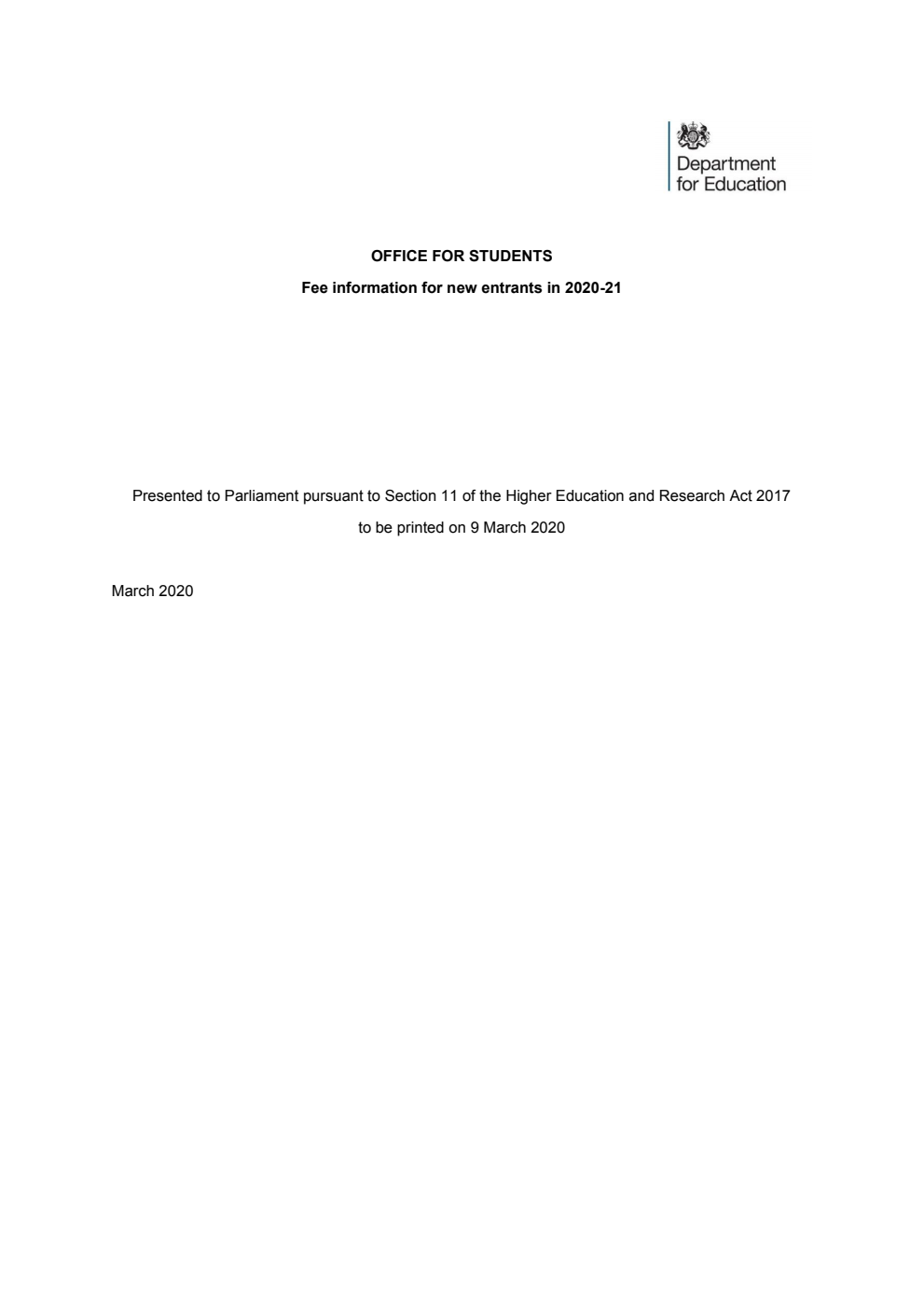 Office For Students Fee information for new entrants in 2020-21