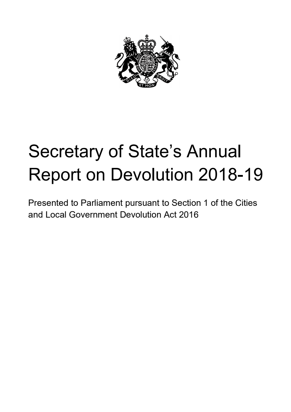 Secretary of State’s Annual Report on Devolution 2018-19
