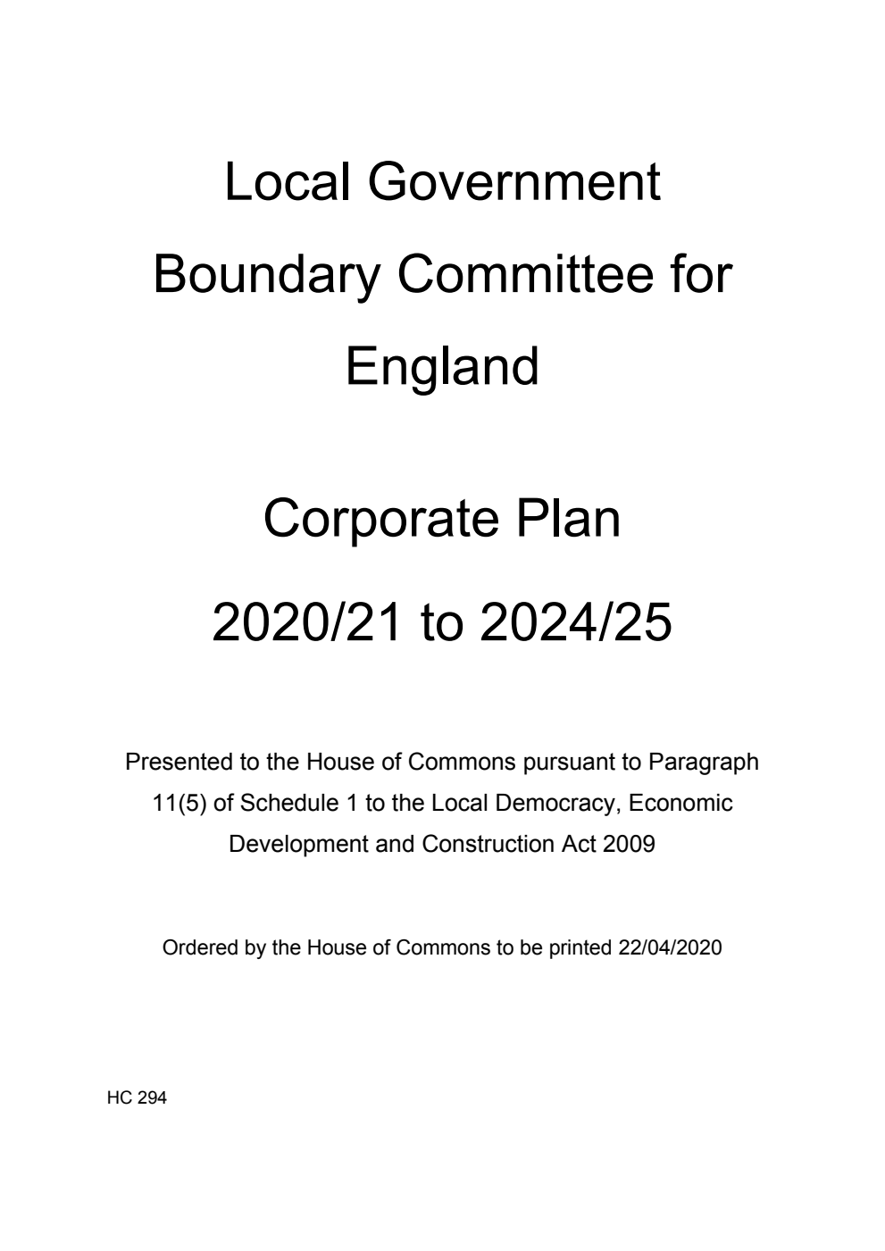 Local Government Boundary Committee for England Corporate Plan 2020/21 to 2024/25